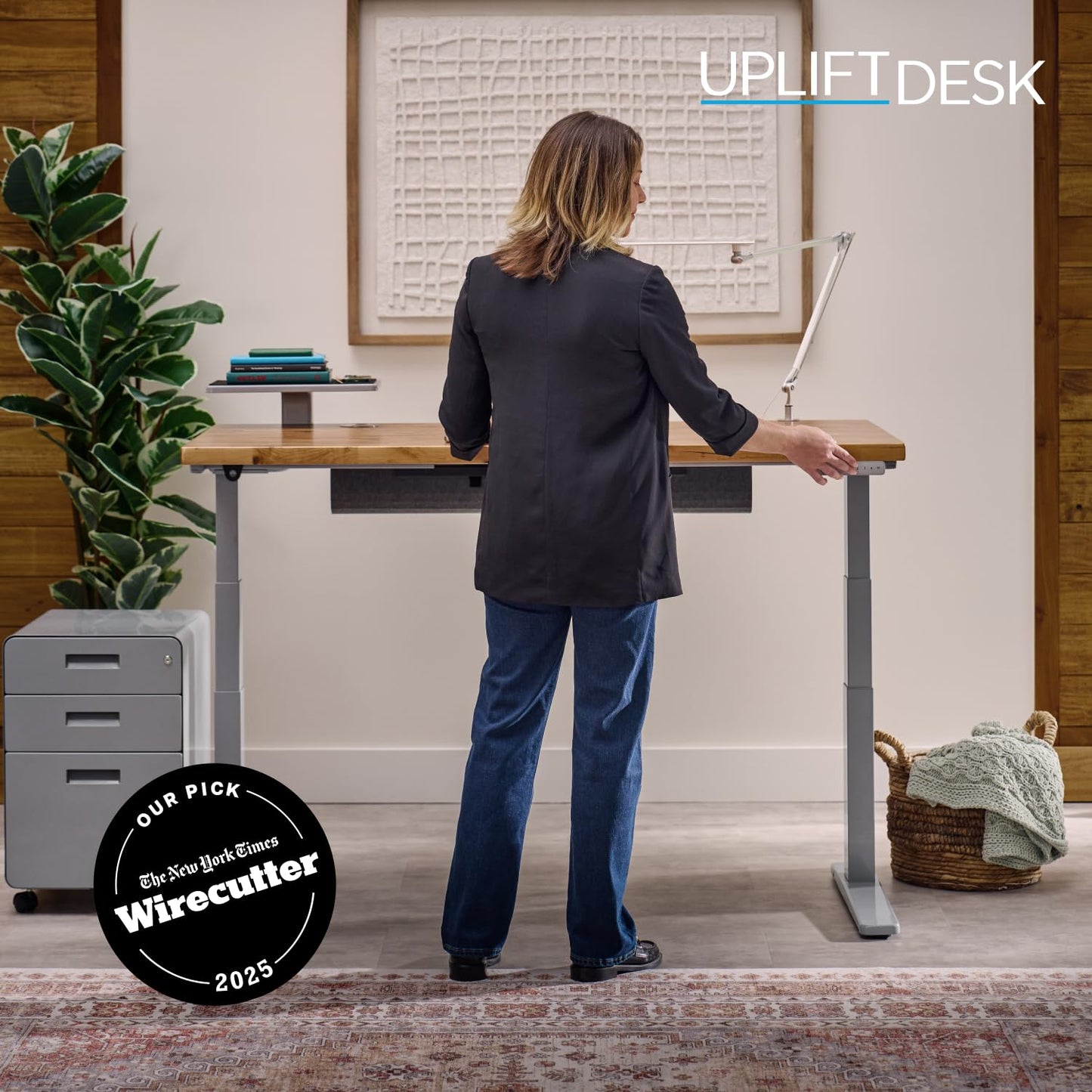 UPLIFTDESK V3 2-Leg Walnut Laminate Wood Standing Desk – Adjustable Height, Advanced 1-Touch Memory Keypad, Under Desk Cable Management, Wire Grommets & Rocker Board (Black C-Frame, 72 x 30 inch)