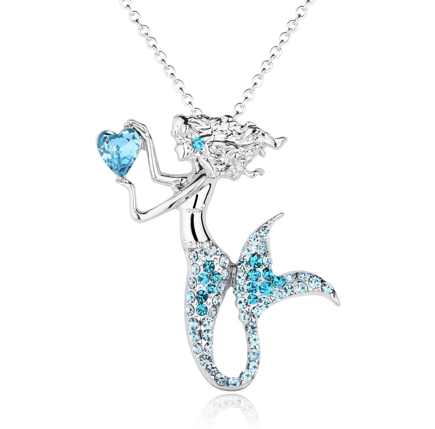 luomart Fashion Mermaid Birthstone Necklace Jewelry White Gold Plated Austrian Crystal Magic Pendant Gift (Aqua)