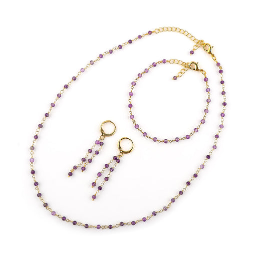 CRYSTALINES (3pcs) Natural Amethyst Gemstone Cluster Jewelry Combo Set, 14K Gold Plated, Crystals Beads Rosary Chain, Handmade Bohemian Jewelry - Bracelets, Necklace, Earrings for Women