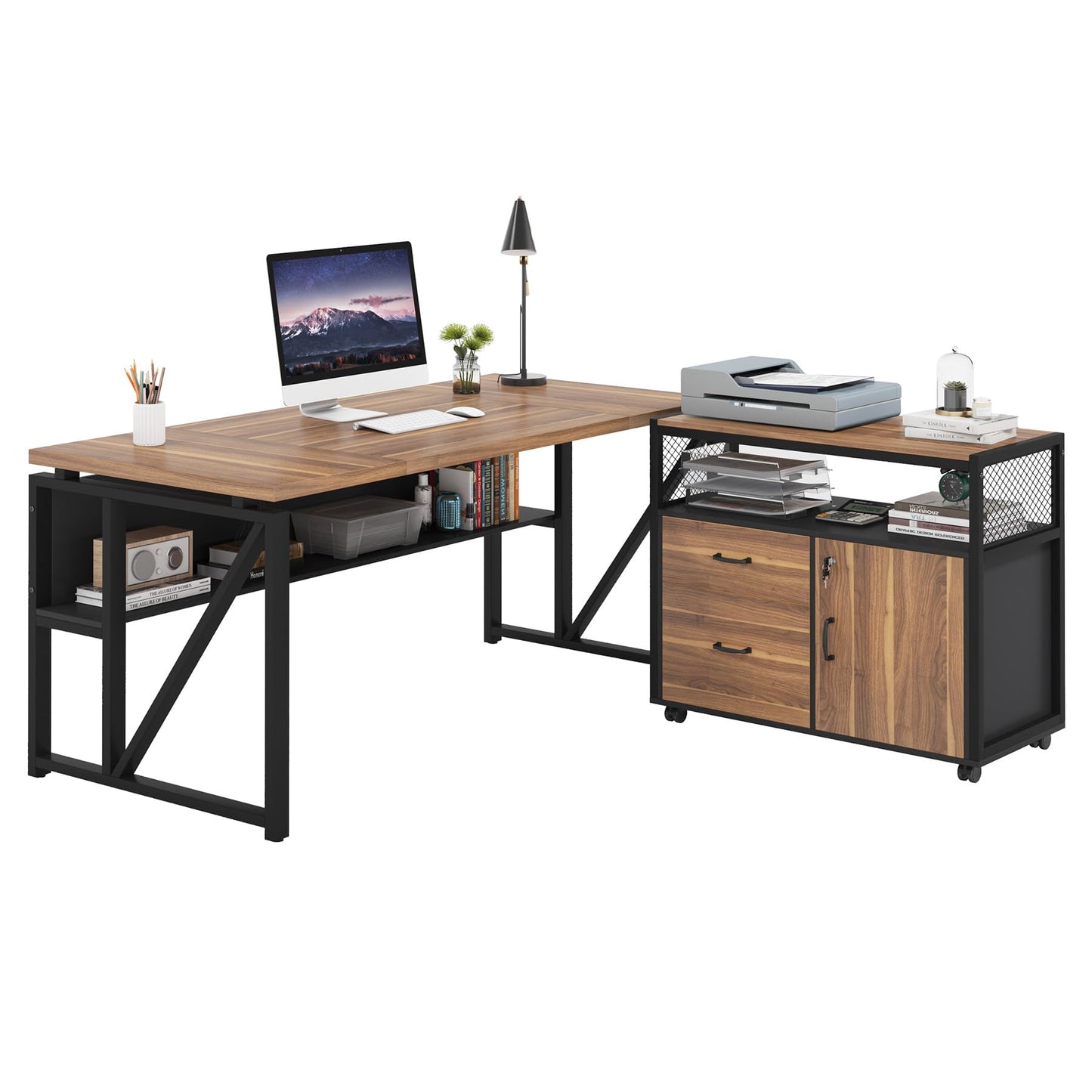 Tribesigns 63" Executive with Drawer Cabinet, L Shaped Desk and Lock lateral File Cabinet, 2 Piece Home Office Furniture Set with Drawers for Hanging File, (Brown, 63 inches)