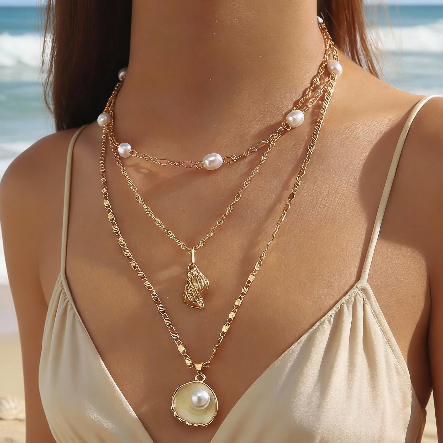 KummerSaprk Seashell Necklace Summer Vacation Jewelry for Women Gold Beachy Necklace Stack Starfish Flower Cowrie Sea Shell Pendant Necklaces Summer Essentials Accessories Gifts