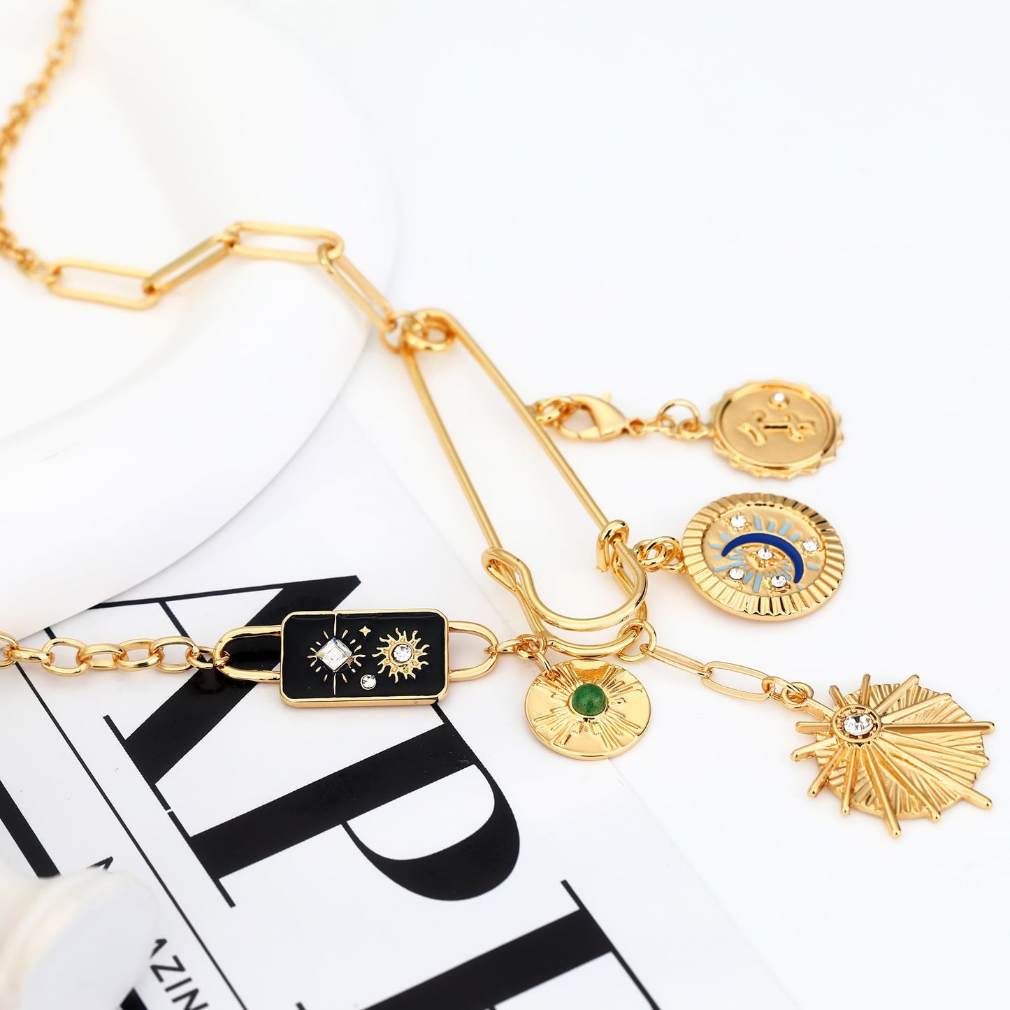 BONJOULRY Charm Necklace for Women Gold Safety Pin Necklace Sun Moon Star Coin Celestial Tarot Card Magic Charms Dainty Paperclip Chain DIY Pendant Choker Necklace Amulet Jewelry Gifts Enamel
