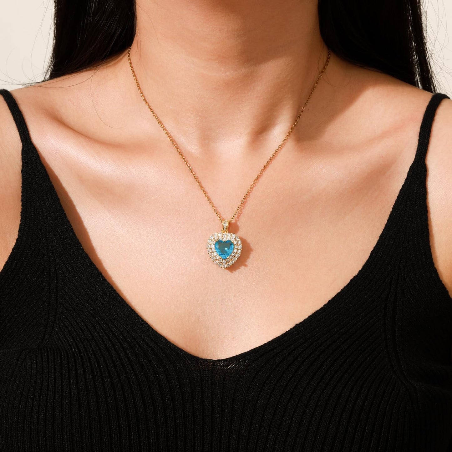 Blue Heart March Birthstone Aquamarine Necklaces for Women-Gold Plated Imitation Aquamarine Jewelry Heart Pendant Necklace Waterproof Non Tarnish Baroque Maximalist Jewelry For Birthday Valentines Day Mother's Day Christmas Thanksgiving Gifts