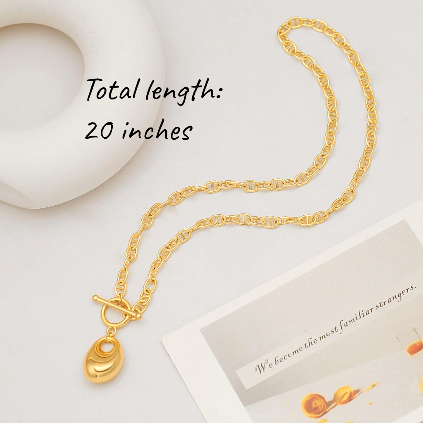 PEARLADA Statement 18k Gold Plated Teardrop Necklace, Pebble Pendant Mariner Chain Necklace with Trendy Toggle Clasp