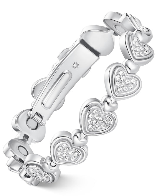 Feraco Pure Copper Bracelets for Women, Ultra Strength Magnetic Bracelet for Women with 3800 Gauss Magnet & Dazzling Austrian Crystals Stone, Heart-Shaped (Silver, 7.09 inches (18cm))