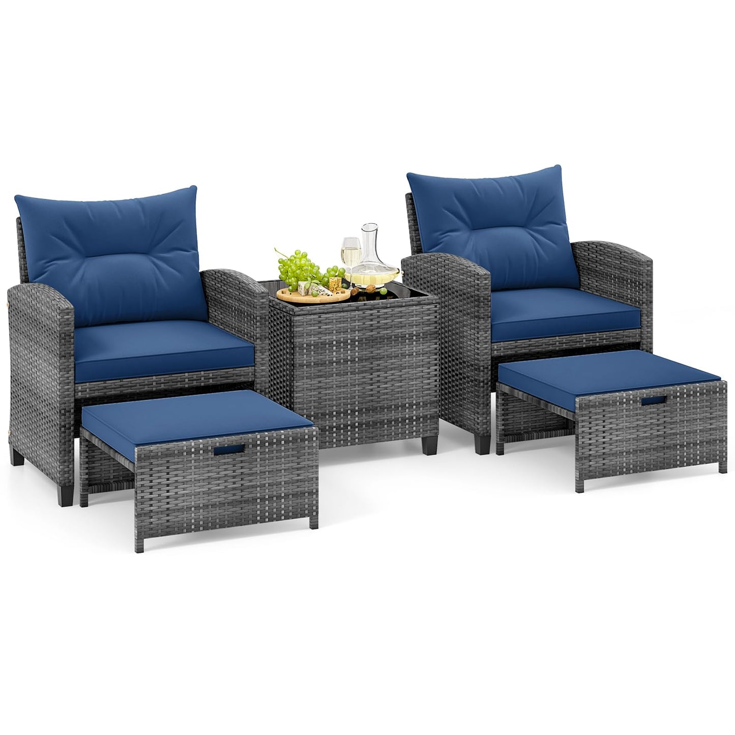 Tangkula 5 Pieces Patio Conversation Set, PE Wicker Rattan Outdoor Furniture Set with 2 Chairs, 2 Ottomans & Tempered Glass Coffee Table, Ideal for Poolside, Backyard, Lawn, Deck, Mix Grey & Navy