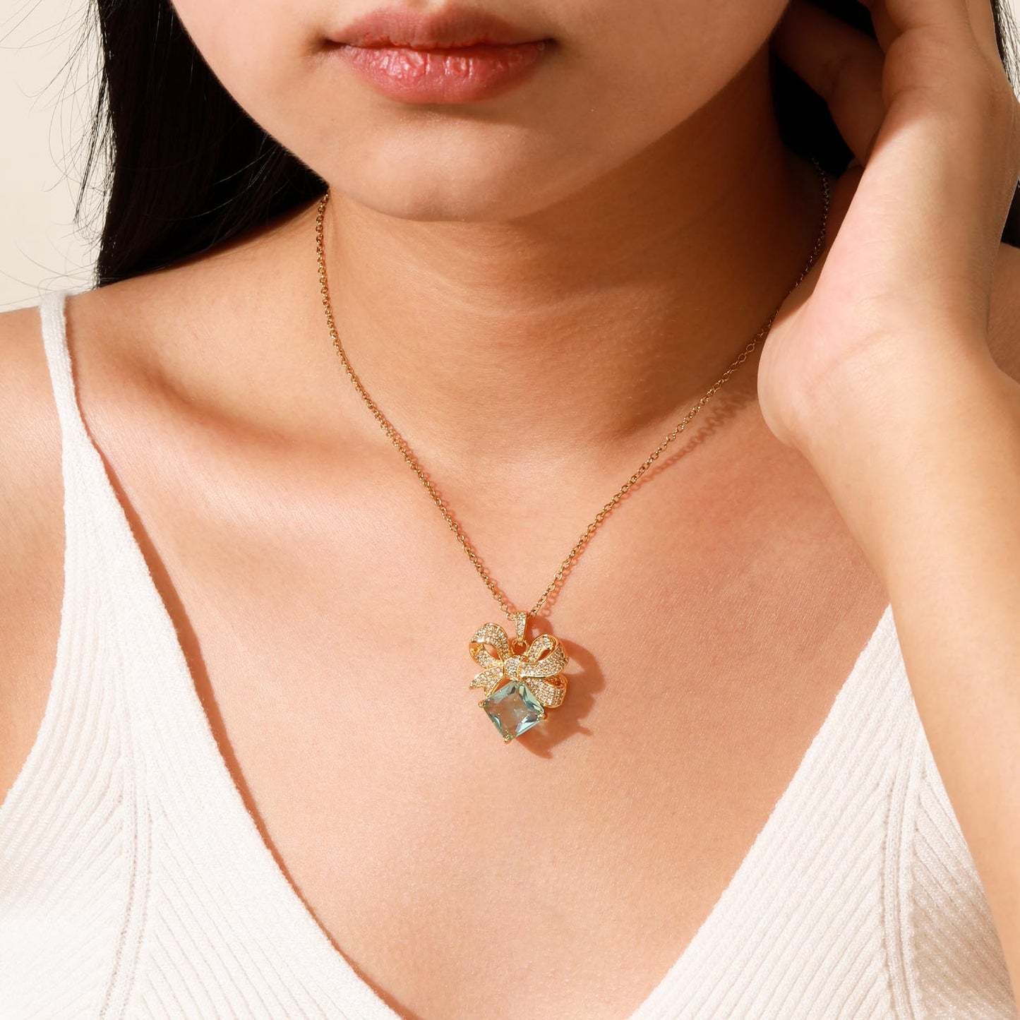 Square June Birthstone Bow Moonstone Necklace for Women-Gold Plated Moonstone Pendant Waterproof Non Tarnish Healing Crystal Vintage Necklace For Birthday Valentines Day Mother's Day Christmas Thanksgiving Gifts