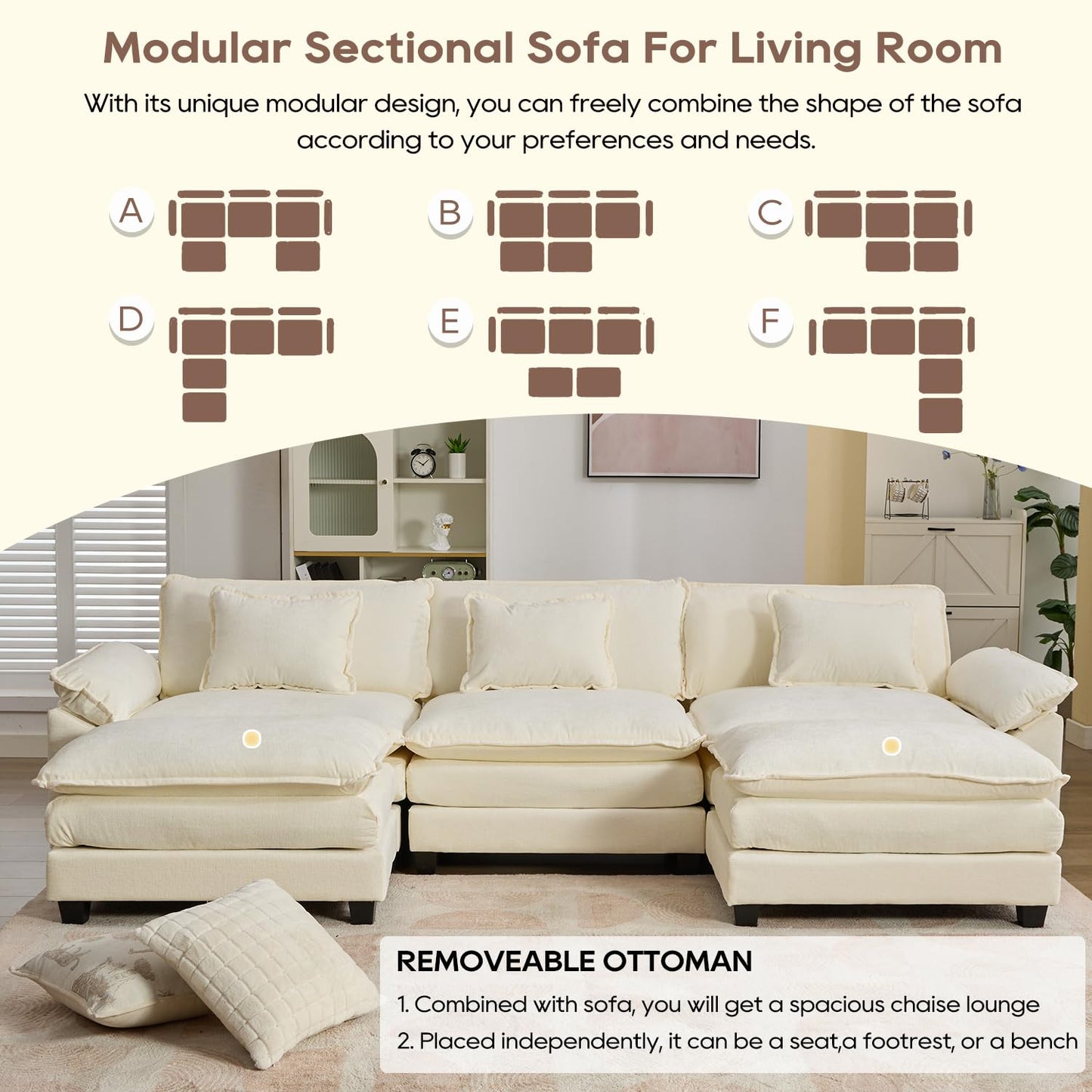 IPKIG 117" Sectional Sofa Cloud Couch, Modern Chenille U-Shaped Couch Comfy Upholstered 3-Seat Sofa with 2 Ottoman, 3 Lumbar Pillow, Deep Seat Modular Sofa for Living Room, Apartment, Studio