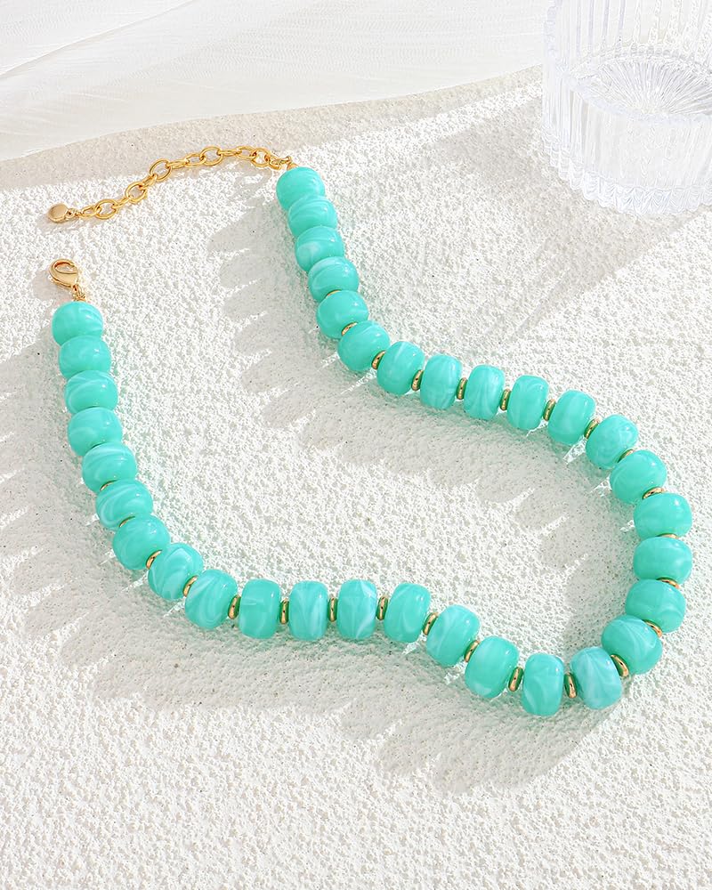 FAUTHENTICUTE Chunky Turquoise Beaded Necklace for Women - Adjustable Choker with Light Blue Resin Beads Boho Bead Statement Necklaces Trendy Summer Beach Fashion Jewelry Gifts