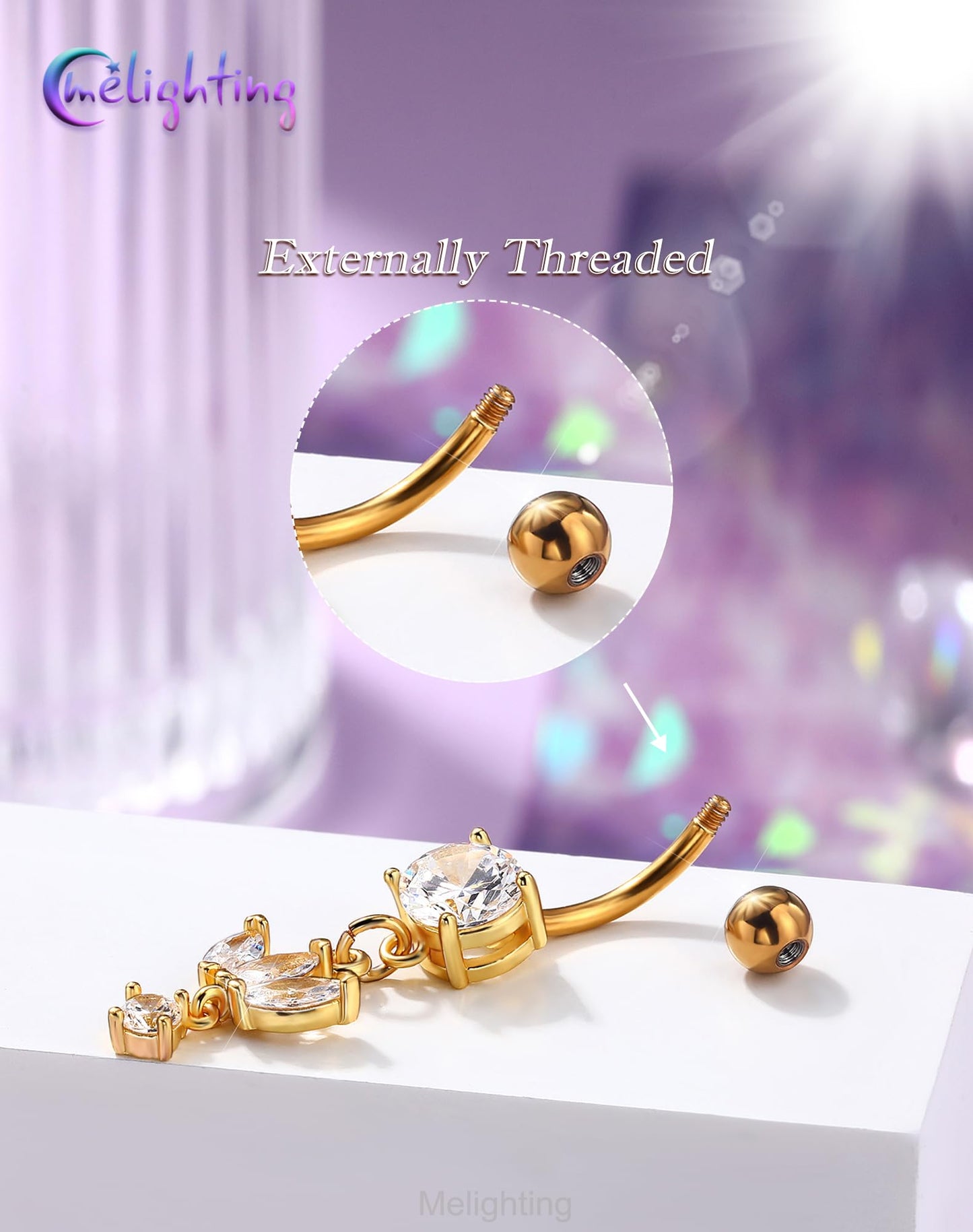 Melighting Minimalist Lotus Belly Button Ring 14G 10mm Navel Ring with Three Marquise CZ Petals and Dangling Round Zircon, 316L Stainless Steel Belly Piercing Jewelry in Gold