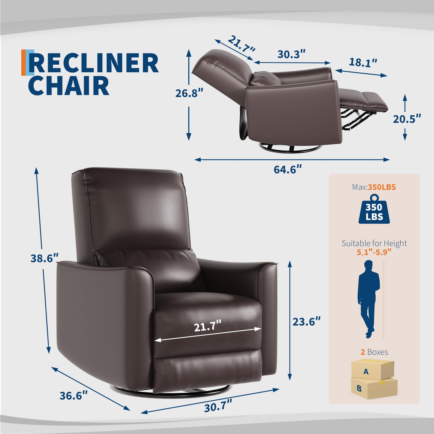 IDEALHOUSE Swivel Rocking Nursery Recliner Chair Rocker Recliner Glider Deep Seat PU Leather Sofa Chair with high Backrest for Nursery, Living Room, Bedroom & Home Movie Theater (Dark Brown)