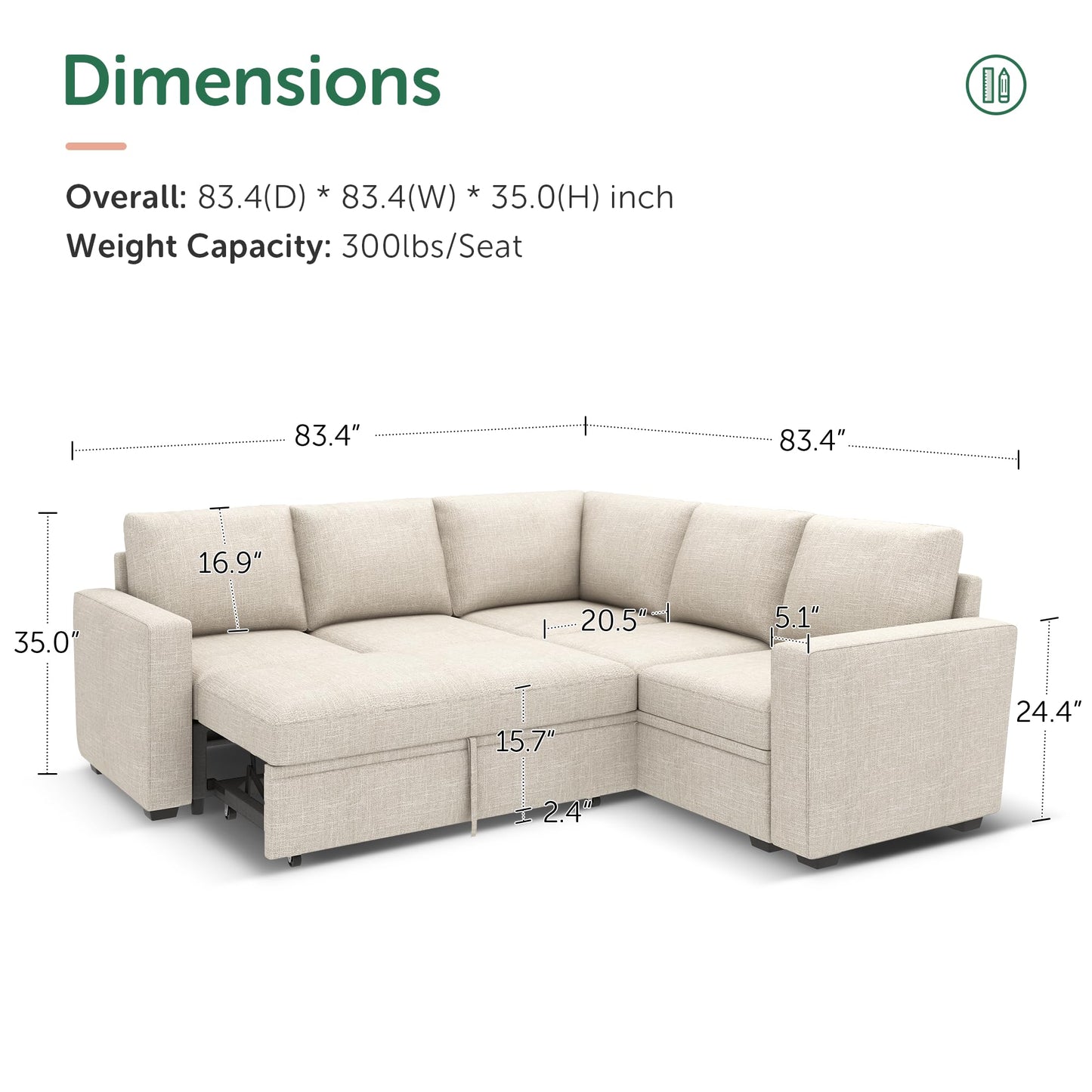 HONBAY Modular Sectional Sleeper Sofa with Pull Out Bed, L Shaped Couch with Storage Seat, Convertible Sectional Couches for Living Room, Beige