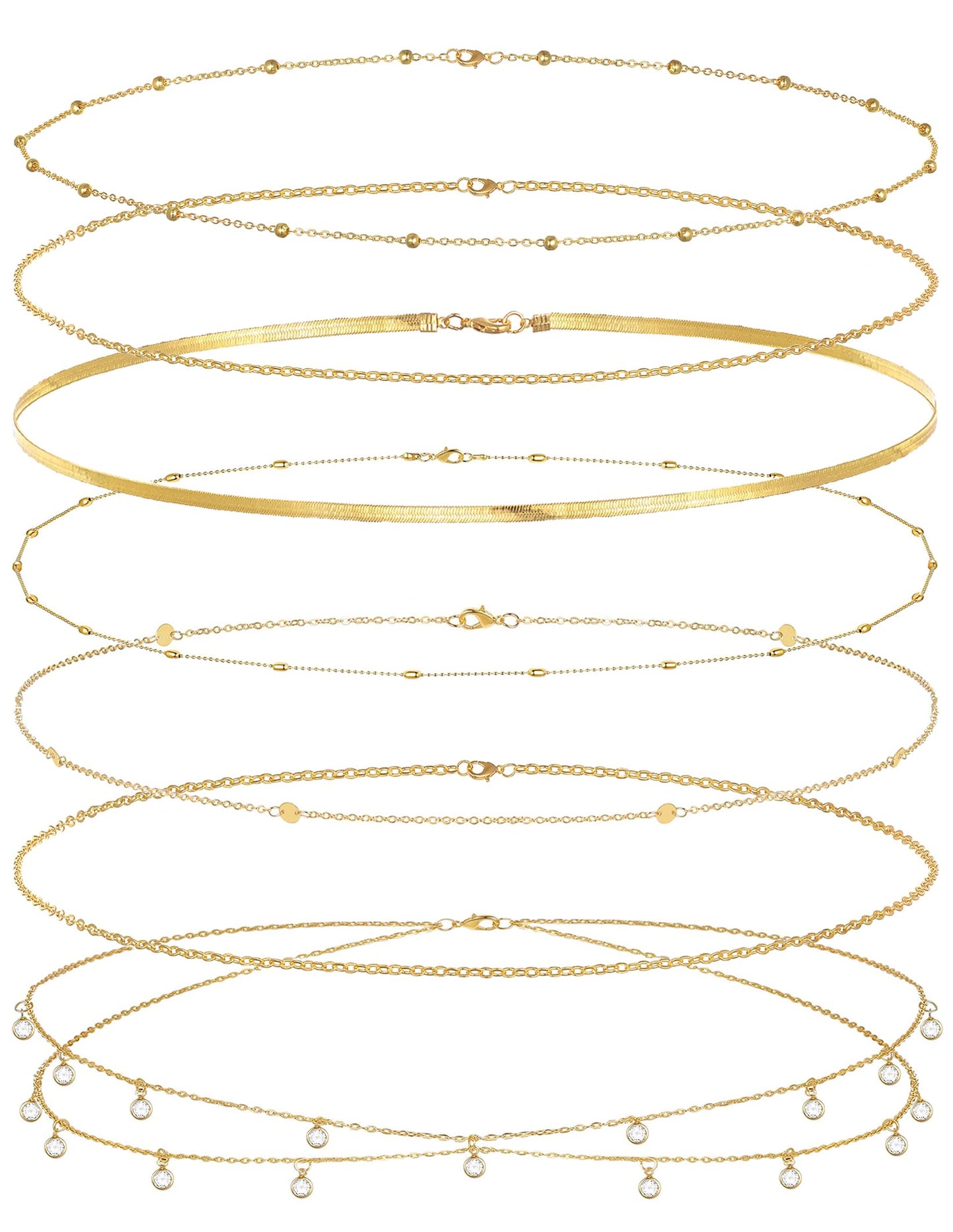Wrlcorly 8Pcs Waist Chain 18K Gold Plated Belly Belt Chains Sexy Bikini Summer Beach Satellite Beaded Sequin Snake Layered Coin CZ Body Chain Jewelry Accessories for Women Gold Silver Tone Adjustable