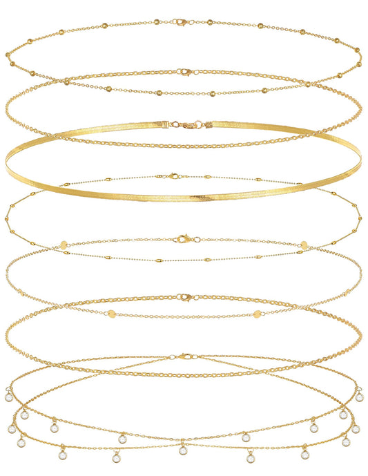 Wrlcorly 8Pcs Waist Chain 18K Gold Plated Belly Belt Chains Sexy Bikini Summer Beach Satellite Beaded Sequin Snake Layered Coin CZ Body Chain Jewelry Accessories for Women Gold Silver Tone Adjustable