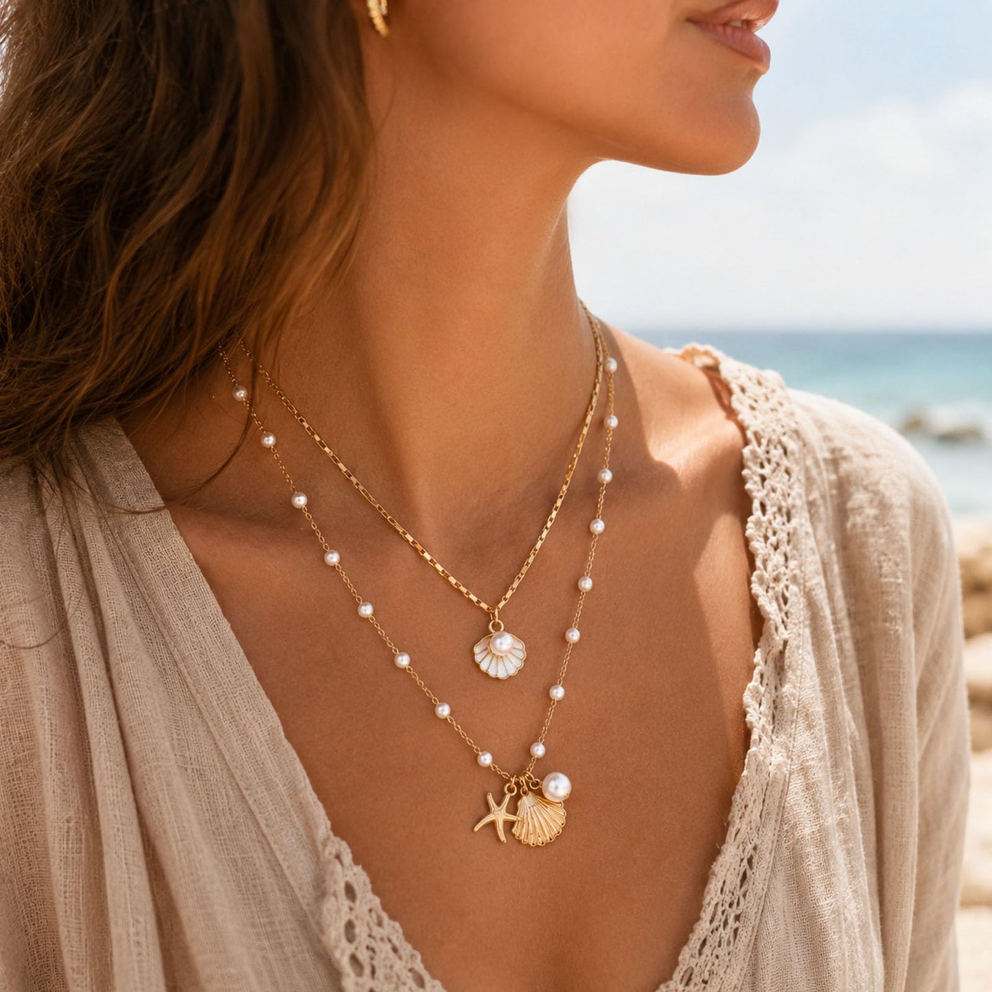 Starfish Shell Beach Necklace for Women Boho Gold Layered Seashell Necklace Conch Shell Pearl Mermaid Necklaces Beach Summer Essentials Jewelry Outfits