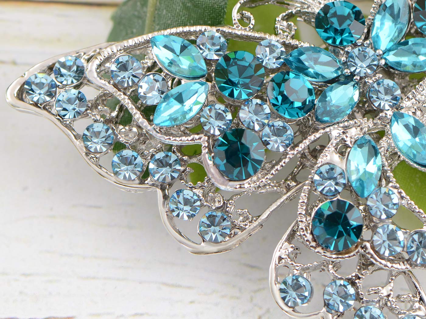 ALILANG Silvery Tone Crystal Rhinestone Hollow Out Butterfly Brooch Pin, Blue