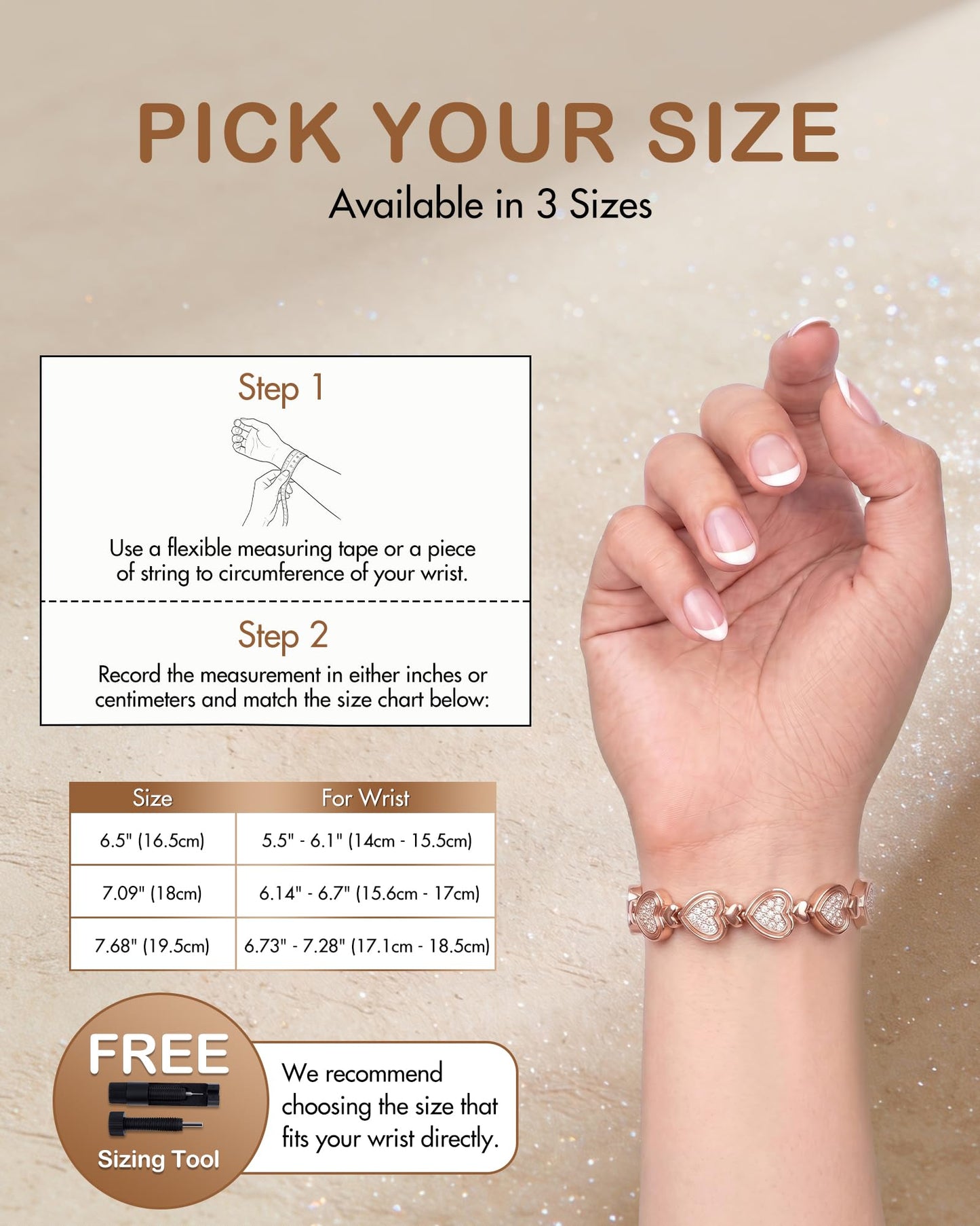 Feraco Pure Copper Bracelets for Women, Ultra Strength Magnetic Bracelet for Women with 3800 Gauss Magnet & Dazzling Austrian Crystals Stone, Heart-Shaped (Rose Gold, 7.68 inches (19.5cm))