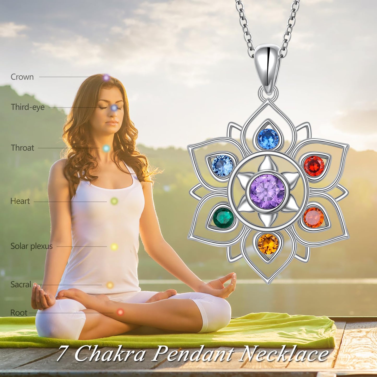 FLYOW 925 Sterling Silver 7 Chakras Lotus Necklace, Rainbow Stones Yoga Pendant for Energy Balance, Spiritual Healing Jewelry for Anxiety Stress Relief Meditation