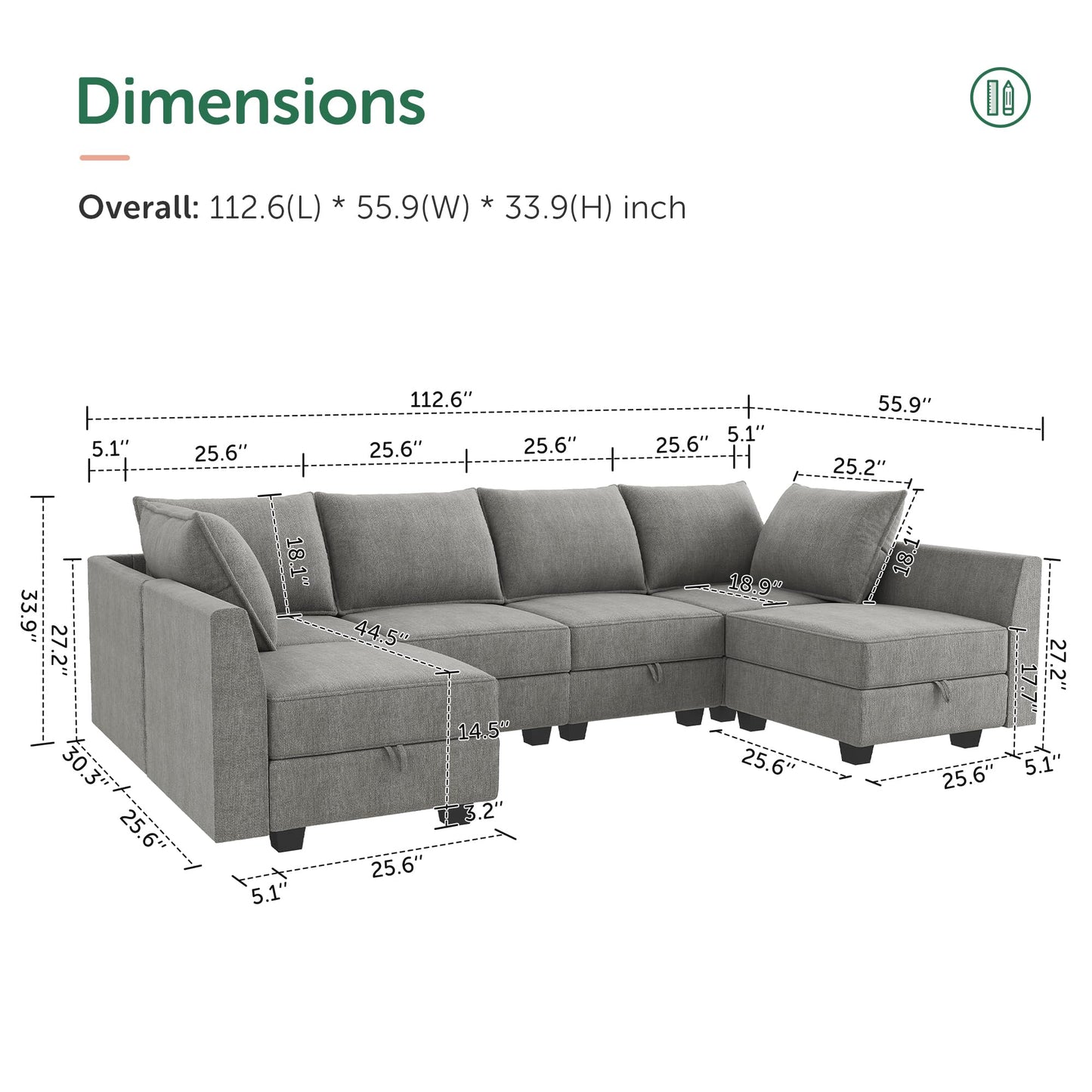 HONBAY Modular Sectional Sofa U Shaped Sectional Modular Sofa with Storage Convertible Sectional Couch for Living Room, Grey