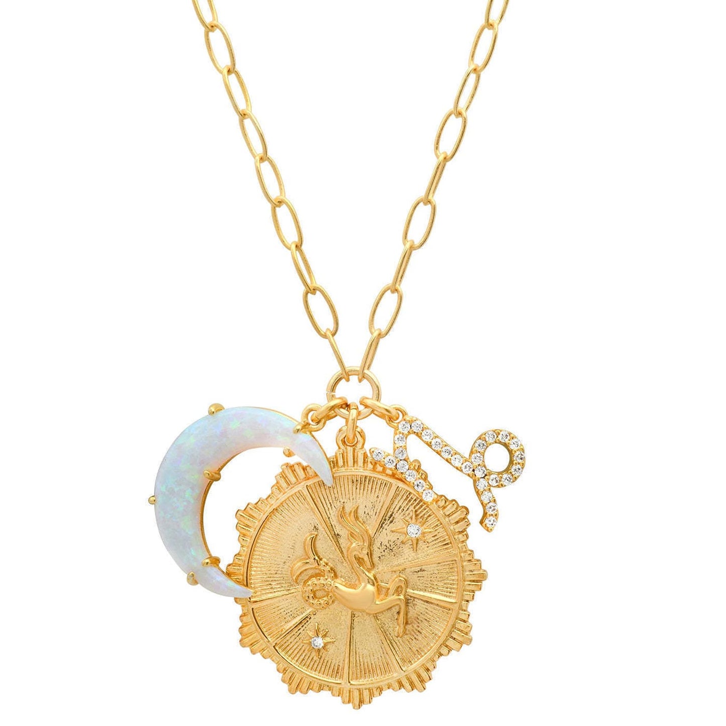 Lanadale Dainty Gold Capricorn Zodiac Coin Opal Crescent Moon Charm Necklace for Women Trendy 18K Gold Plated Retro Paperclip Chain 12 Constellation Horoscope Necklaces Astrology Jewelry Gifts