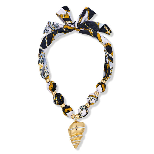 FAUTHENTICUTE Gold Conch Shell Pendant Necklace With Black Printed Ribbon Boho Silk Scarf Statement Necklace for Women Summer Beach Choker Necklaces