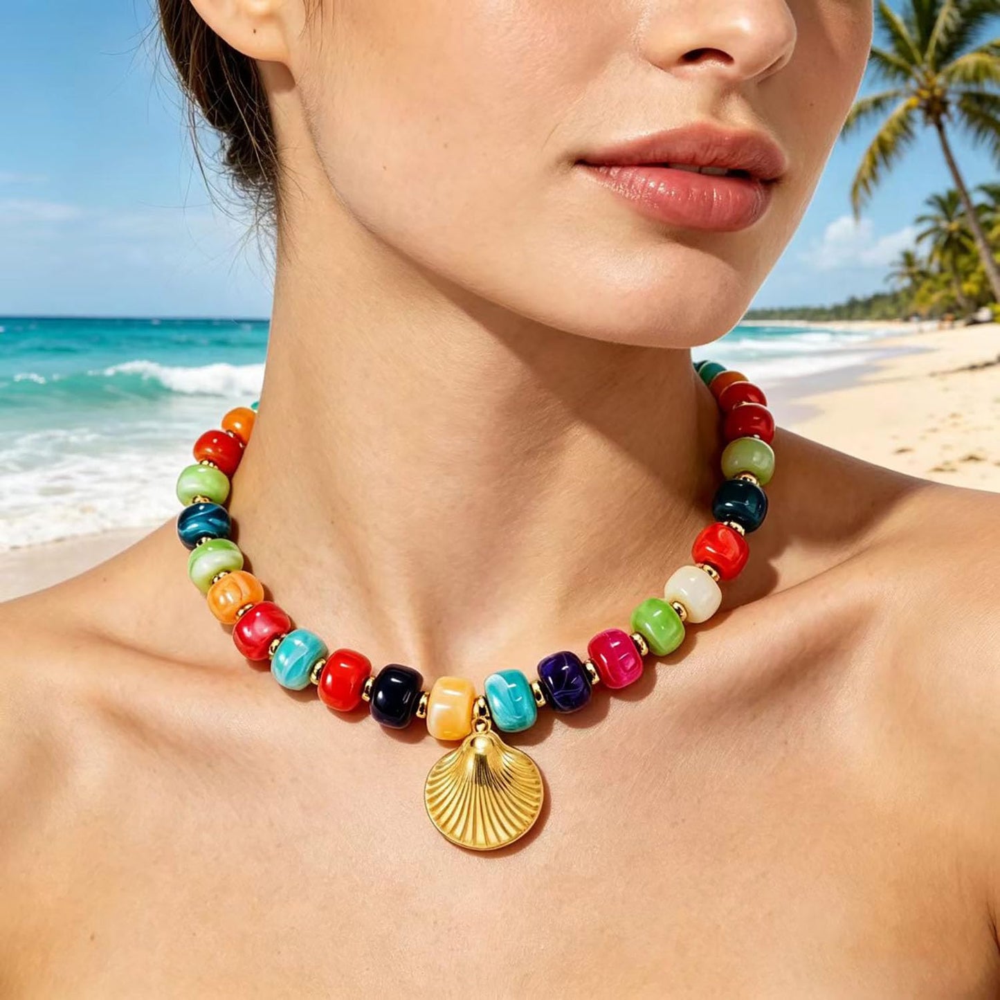 YHGDY Chunky Beaded Starfish Shell Necklace for Women Colorful Boho Bead Choker Necklace Summer Beach Necklace Trendy Chunky Jewelry Gifts (Gold Shell)