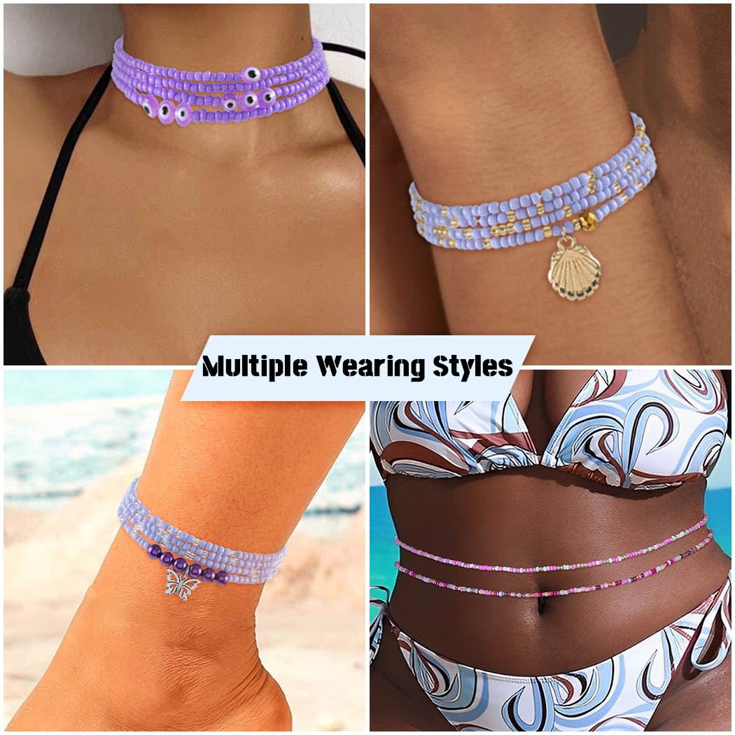 ELABEST 24-39inch African Waist Beads for Women 8Pcs Elastic Belly Beads Colorful Beaded Waist Jewelry Accessories Body Chain (Purple, 23.6inch/60cm)
