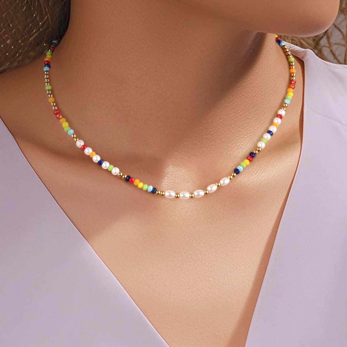Vutapiro Colorful Beaded Beach Jewelry Summer Ladies Necklace Rainbow Inspired Boho Style (Colorful)