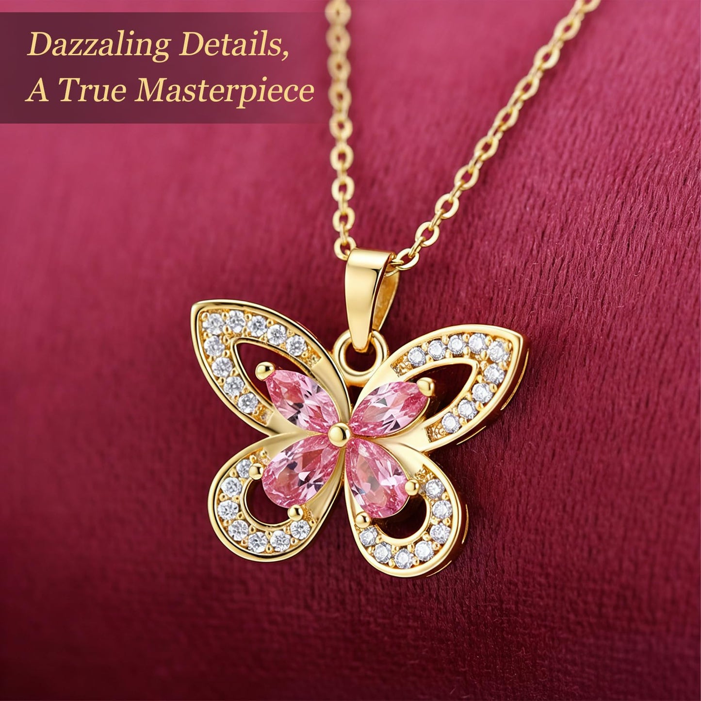 crataly Rose Quartz Butterfly Necklace For Women-Gold Plated October Birthstone Necklace For Valentine's Day Mother's Day Christams Birthday Gifts