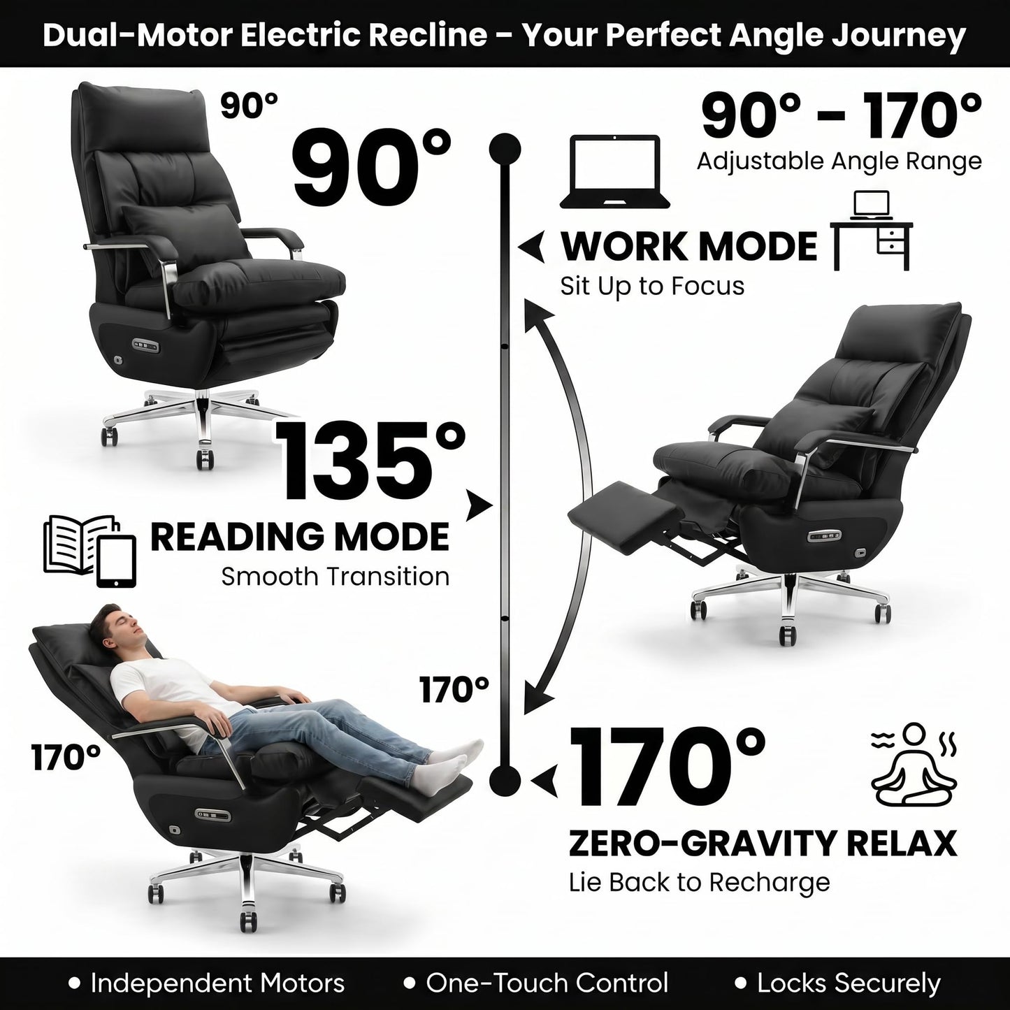 Dual Motor Executive Office Chair with Footrest, 170° Reclining Wide Seat Ergonomic Leather Desk Chair, One-Touch Reset, 450LBS Big and Tall for Home&Office (Black)