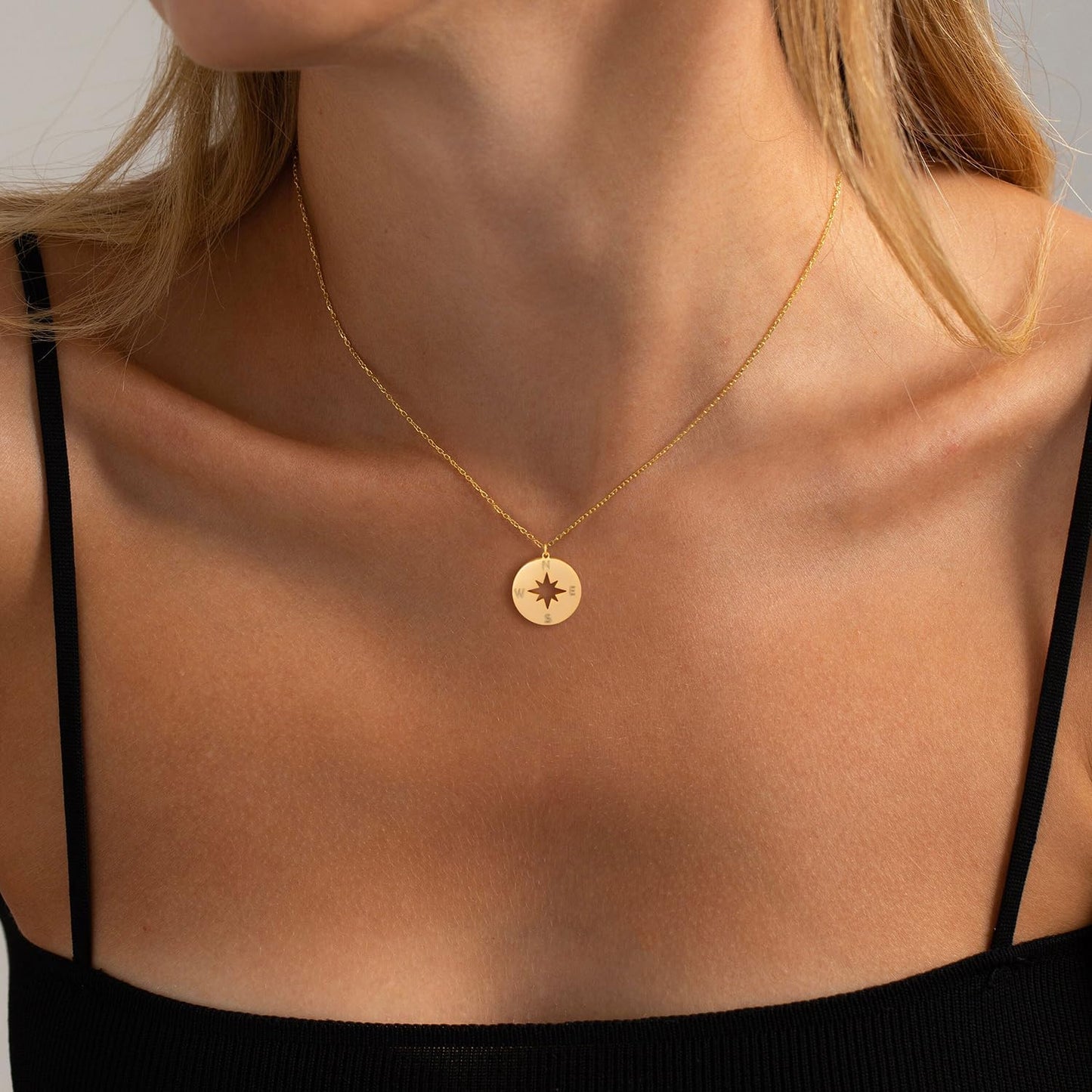 BSGRL Gold Necklace for Women-14K Gold Plated Compass Dainty Necklace 16.5”+2” ext