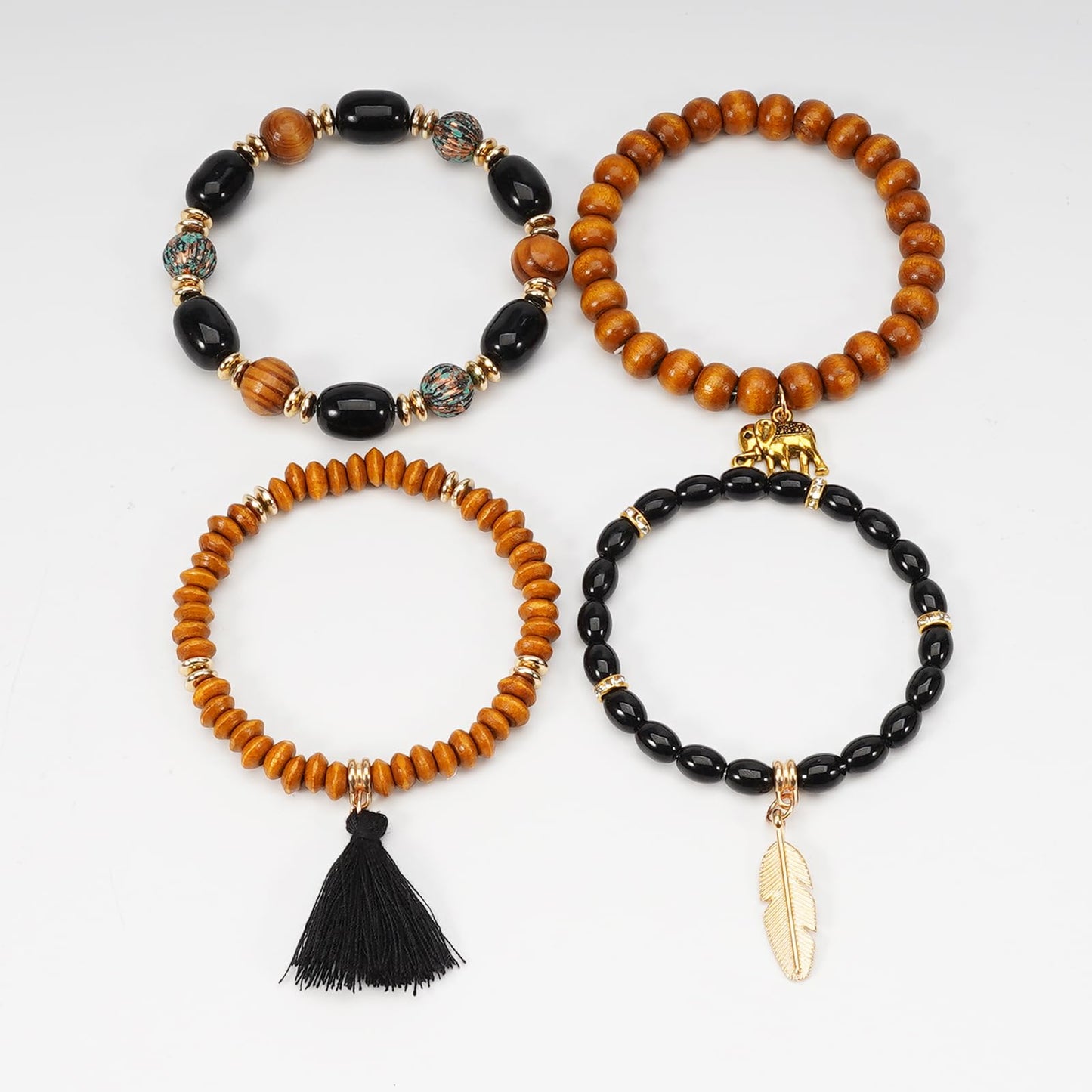 Briutn Bohemian Layered Beaded Bracelet Set Wood Beads with Feather Elephant Tassel Charms Stackable Stretch Bracelets for Women Boho Jewelry Gifts