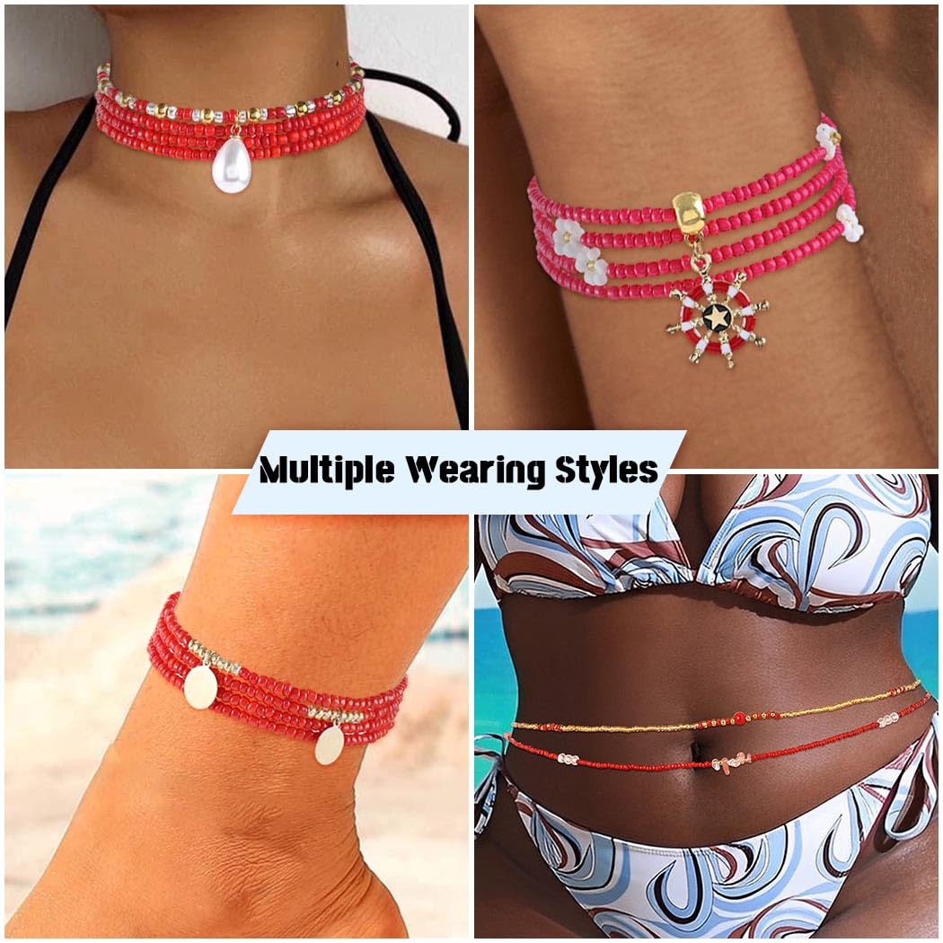 ELABEST 24-39inch African Waist Beads for Women 8Pcs Elastic Belly Beads Colorful Beaded Waist Jewelry Accessories Body Chain (Red, 23.6inch/60cm)