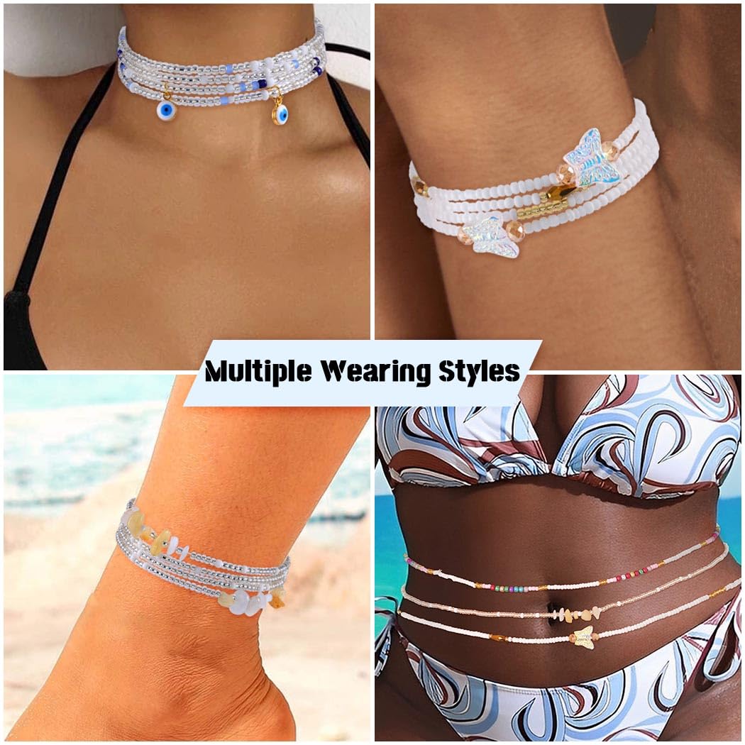 ELABEST 24-39inch African Waist Beads for Women 8Pcs Elastic Belly Beads Colorful Beaded Waist Jewelry Accessories Body Chain (White, 47.2inch/120cm)