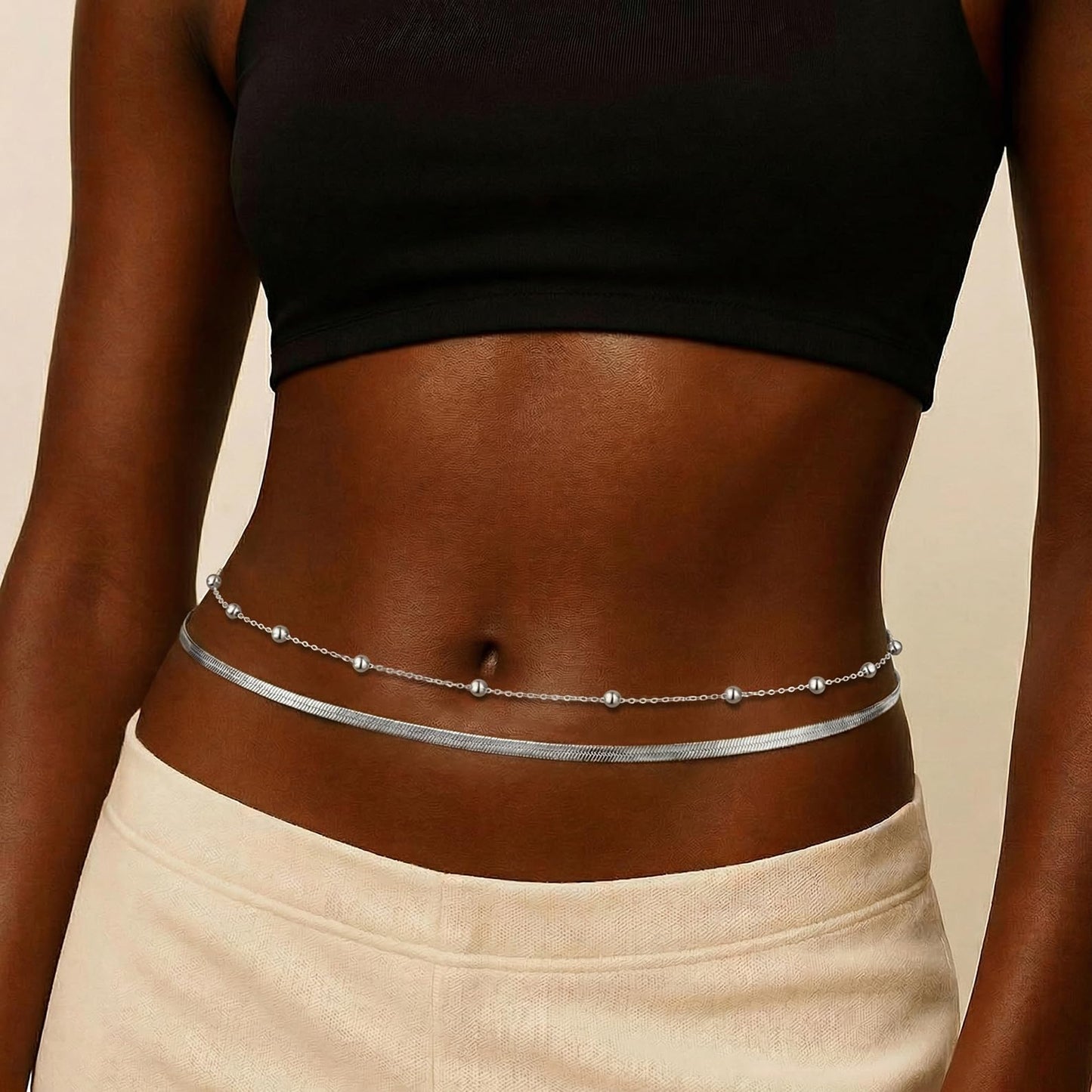 HERSIN Waist Chain for Women, Silver Plated Layered Belly Belt Chains Beach Waist Beads Chain Waterproof Herringbone Snake Body Chain Summer Jewelry Accessories for Women