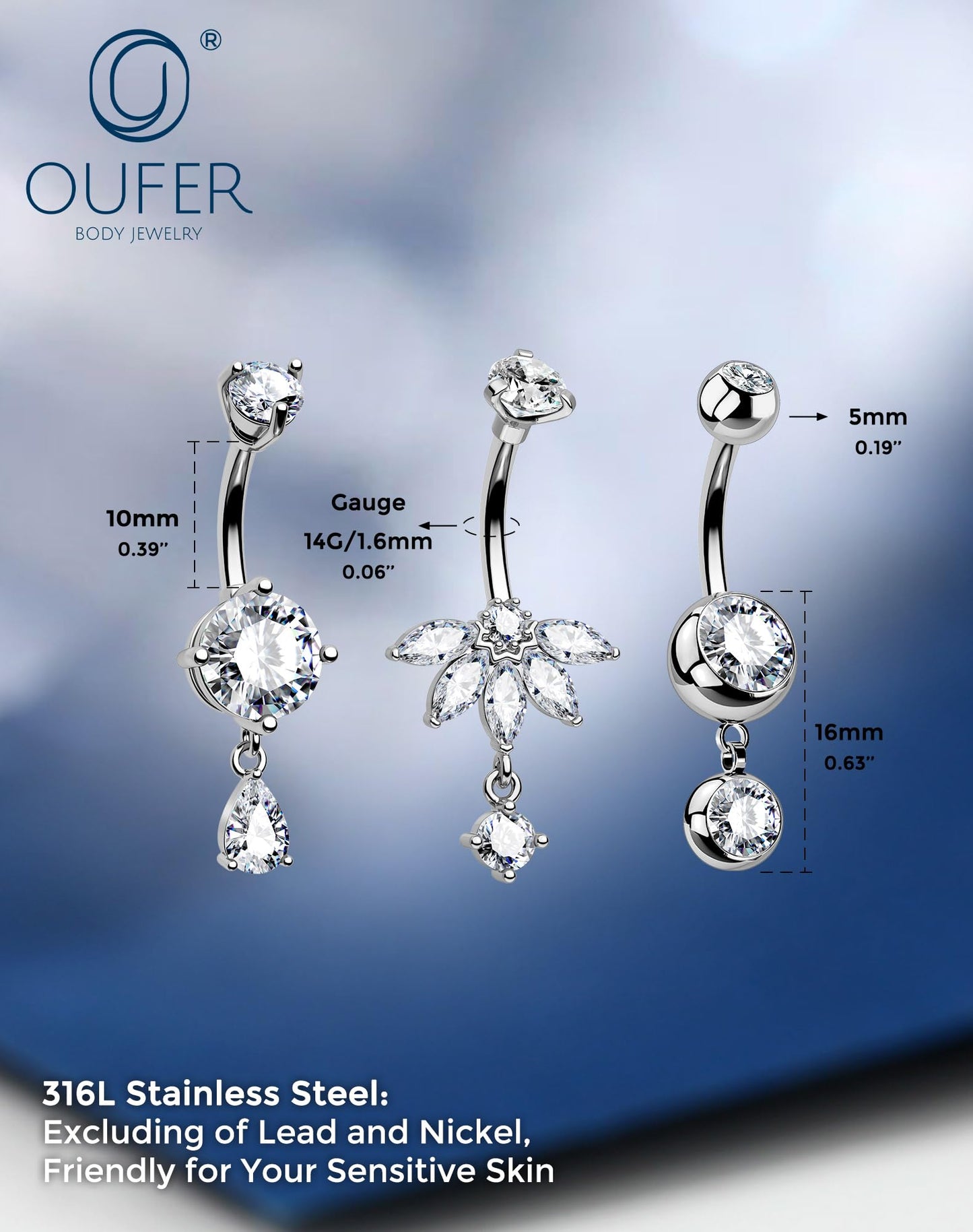 OUFER 3PCS Silver Dangle Belly Button Rings, 316L Surgical Steel Belly Rings for Women Dangling, 14G Flower Crystal Navel Piercing Jewelry, Clear CZ Curved Barbells