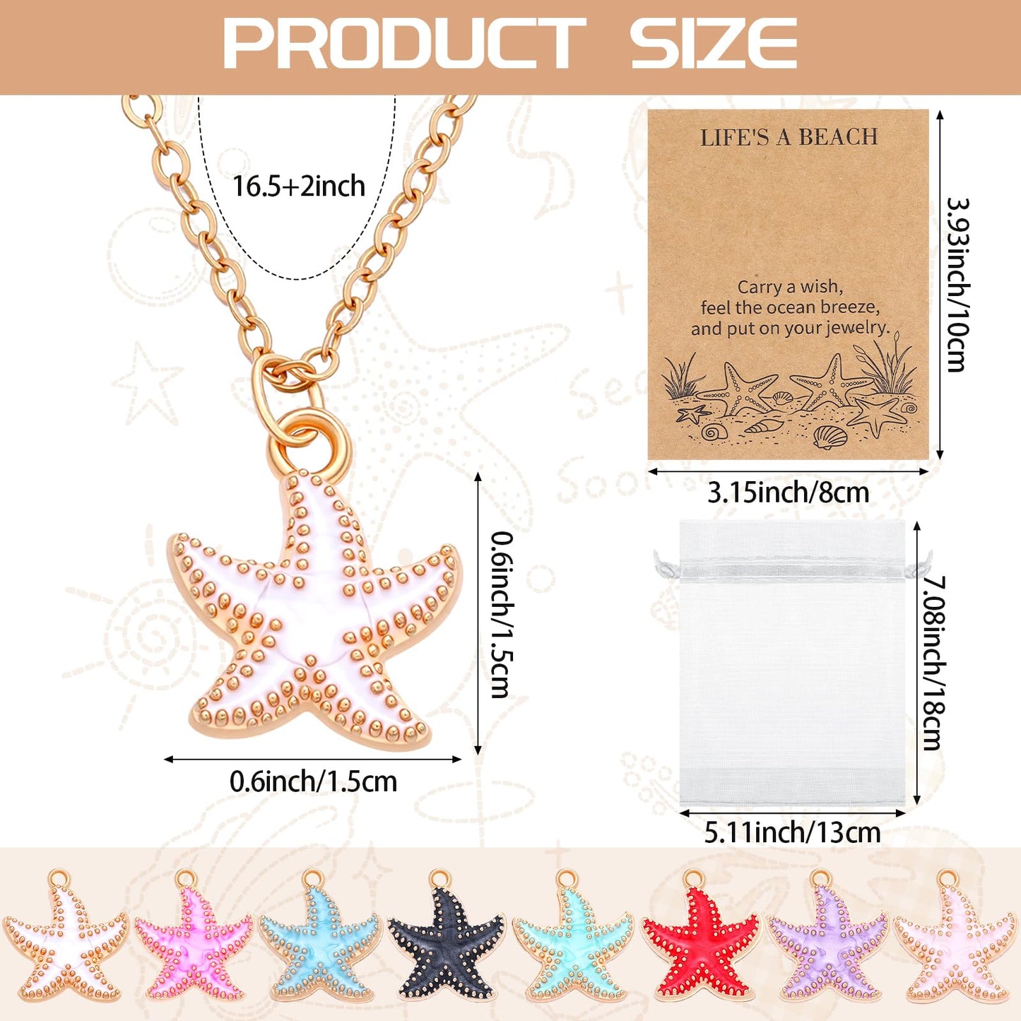 Kingdder 8 Set Starfish Necklace for Women Beach Gold Starfish Necklace with Card Organza Bag Hawaii Ocean Pendant Boho Summer Jewelry Gift Bulk for Birthday Vacation Party Favor