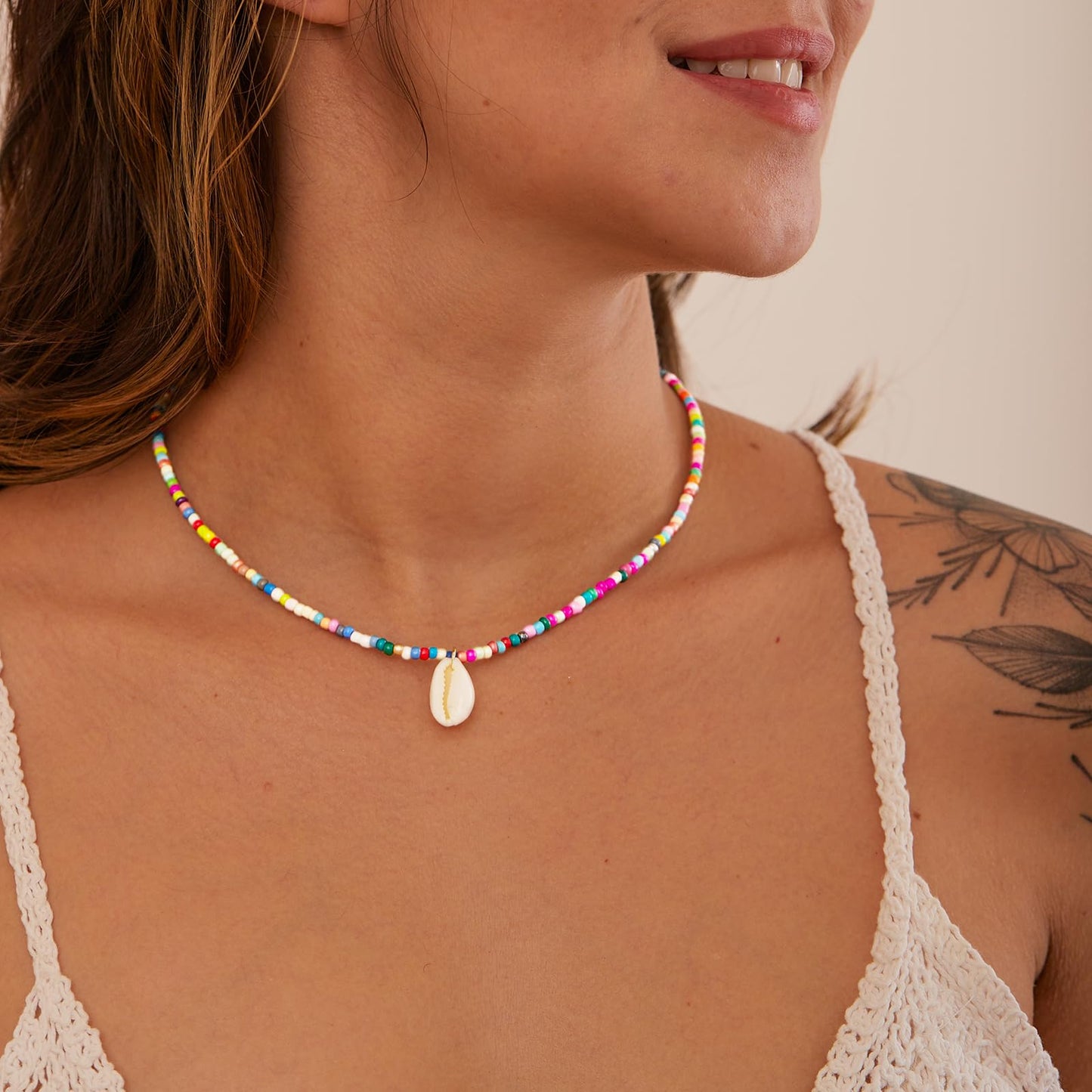 Plenky Gold Necklace for Women-Colorful Beaded Necklaces 14K Gold Plated Bohemian Choker Conch Shell Beachy Jewelry for Women Gifts
