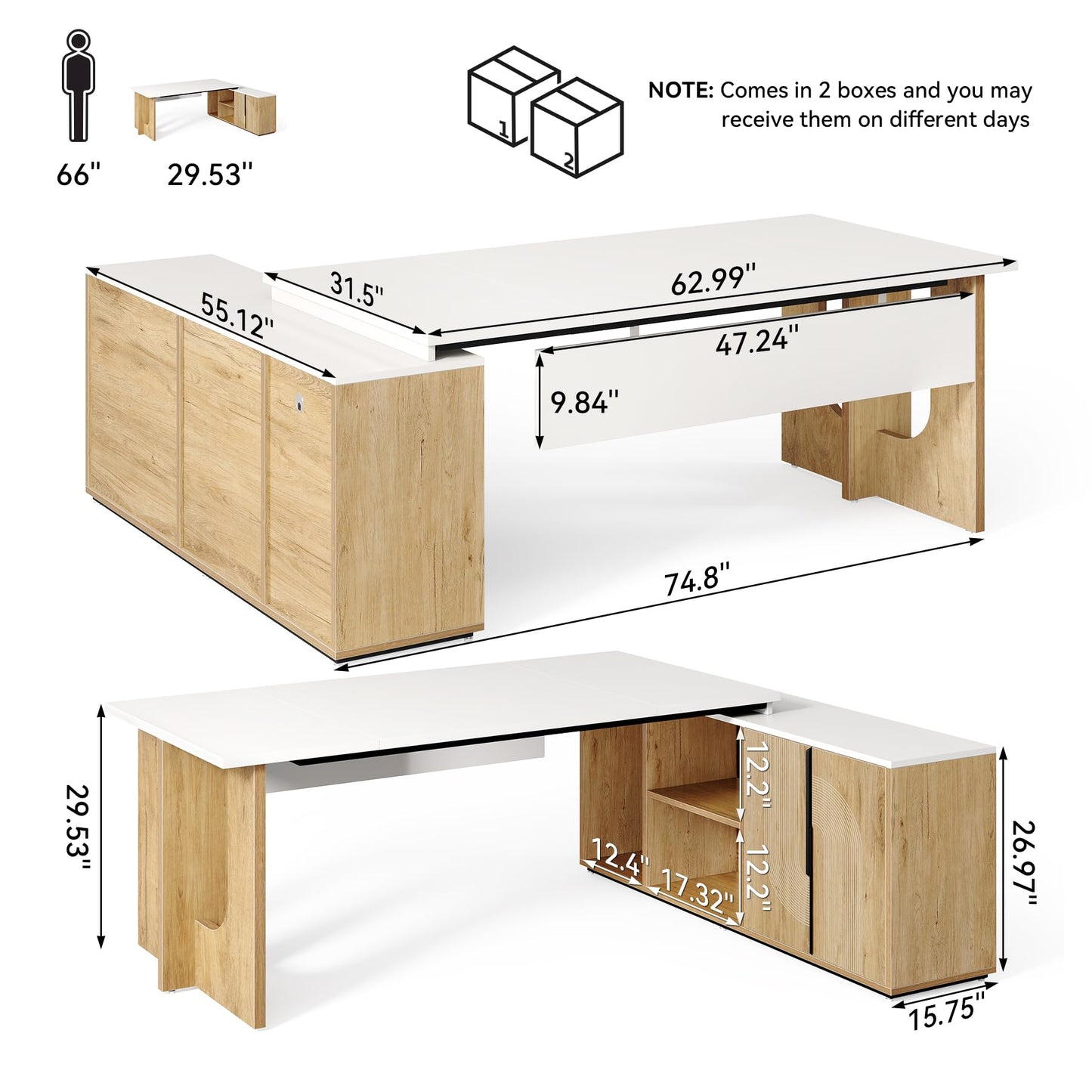 LITTLE TREE 74-Inch Executive L-Shaped Desk with Storage Cabinet & Shelves, Large Home Office Computer Desk, Modern Business Workstation for Professionals (Oak & White)