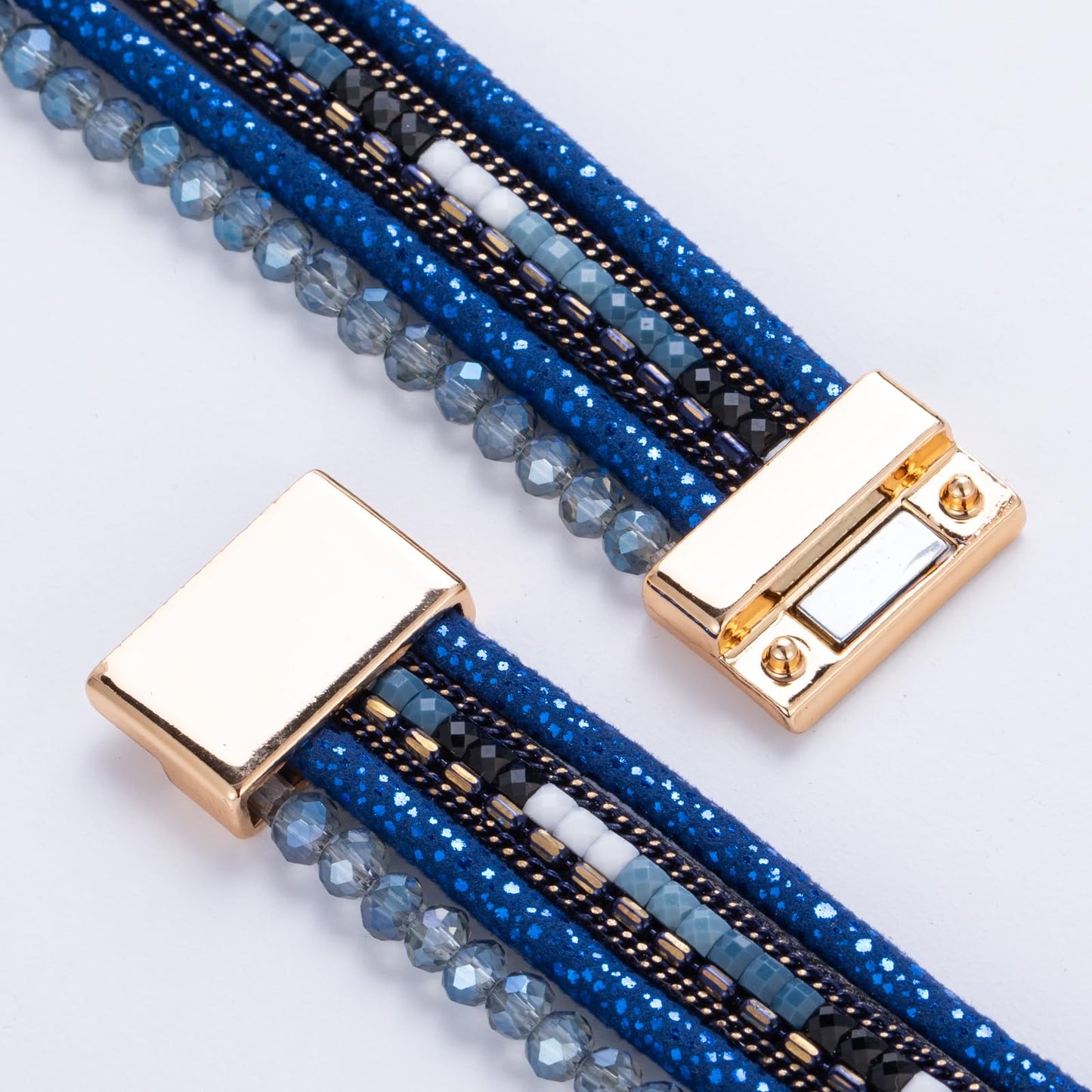 FANCY SHINY Leather Wrap Bracelets Crystal Beads Bracelet Boho Cuff Stone Charm Bracelets with Clasp Costume Jewelry for Women(Navy Blue)