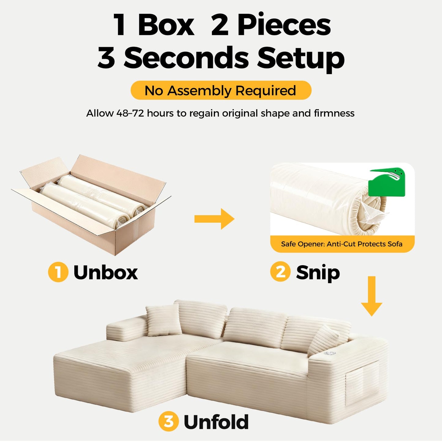 CAMMOO 108” Cloud Sectional Couch in One Box, Compressed Modular Sectional Sofa with Deep Seat, Corduroy Boneless Couches, L-Shaped Sofa for Living Room, 4 Storage Pockets(Left Facing Chaise, Beige)