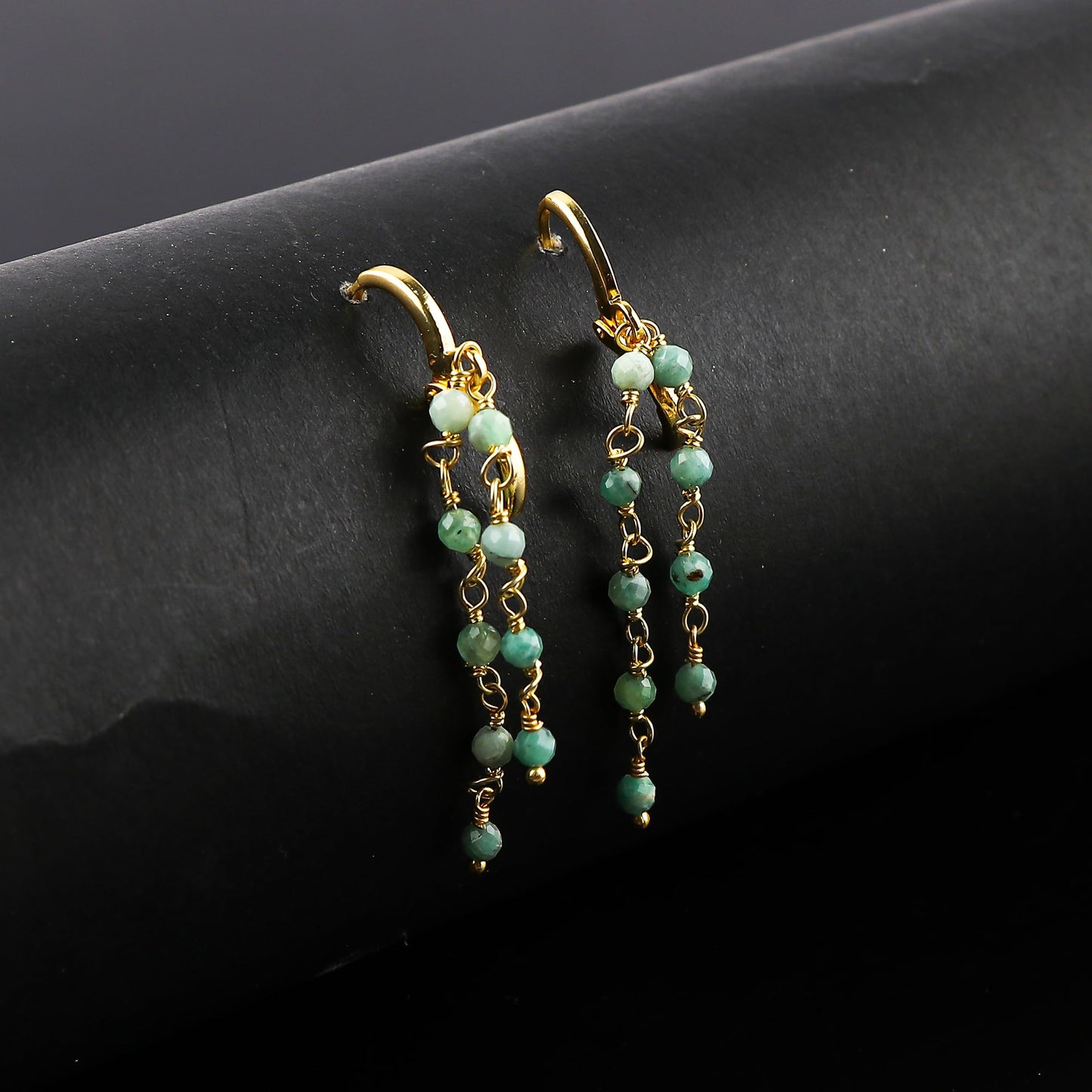 CRYSTALINES (3pcs) Natural Emerald Gemstone Cluster Jewelry Combo Set, 14K Gold Plated, Crystals Beads Rosary Chain, Handmade Bohemian Jewelry - Bracelets, Necklace, Earrings for Women