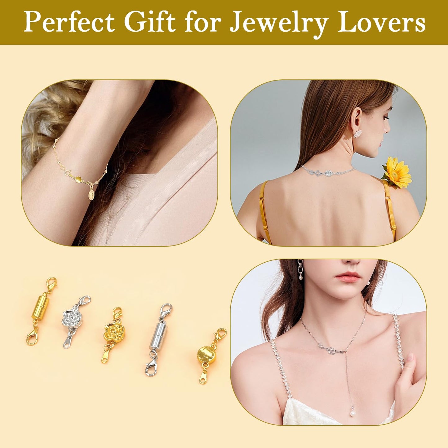 16 Pcs Necklace Clasps and Closures, 8 Styles in Gold and Silver with Polishing Cloth, Extra Strong Locking Jewelry Clasp, Secure and Easy-to-Use