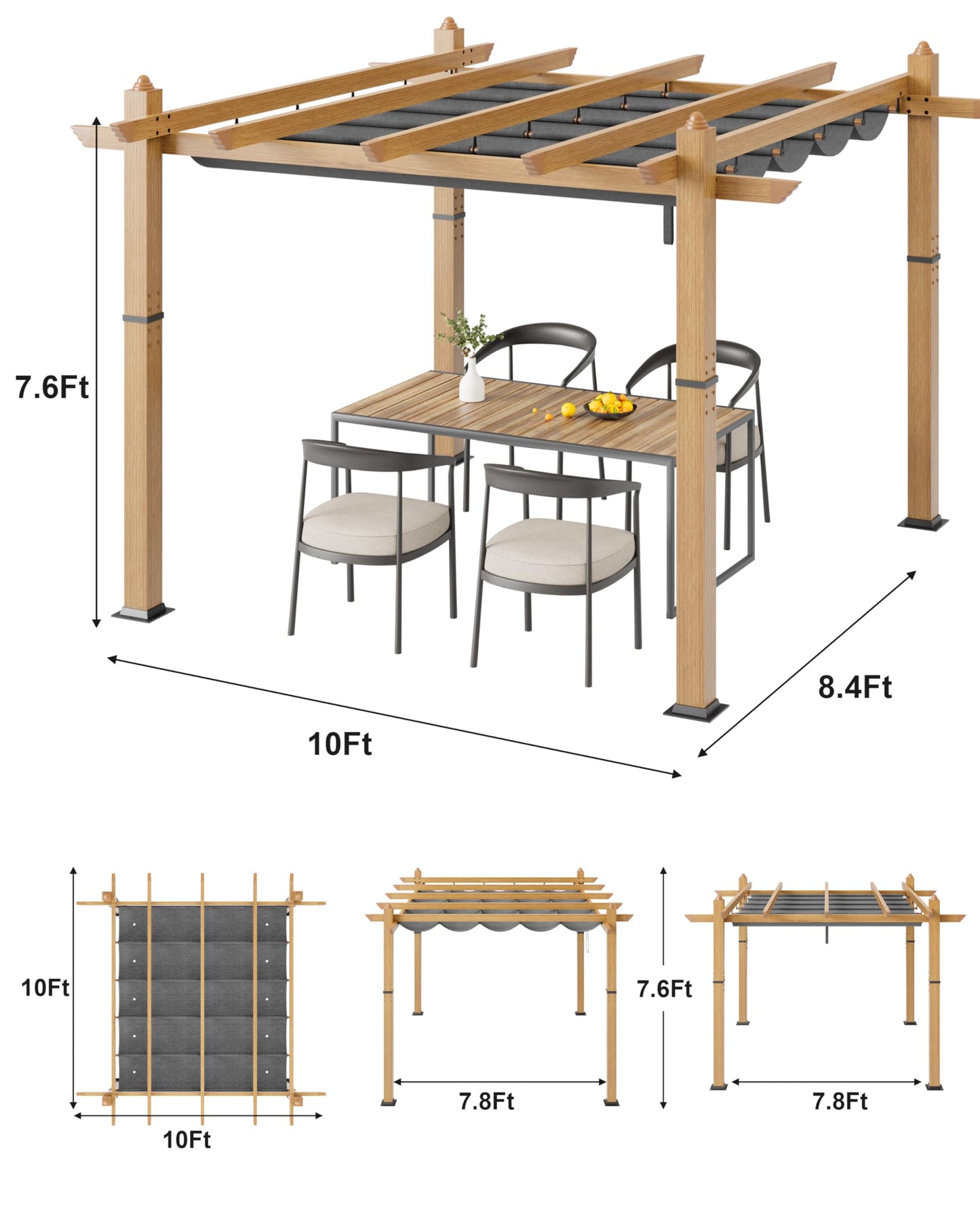 GarveeLife 10x10 ft Outdoor Pergola with Retractable Canopy Upgraded Outdoor Aluminium Pergola, Faux Wood Grain Metal Patio Gazebo for Modern Backyard Deck for Porch, Awning, Grape Trellis, Grey