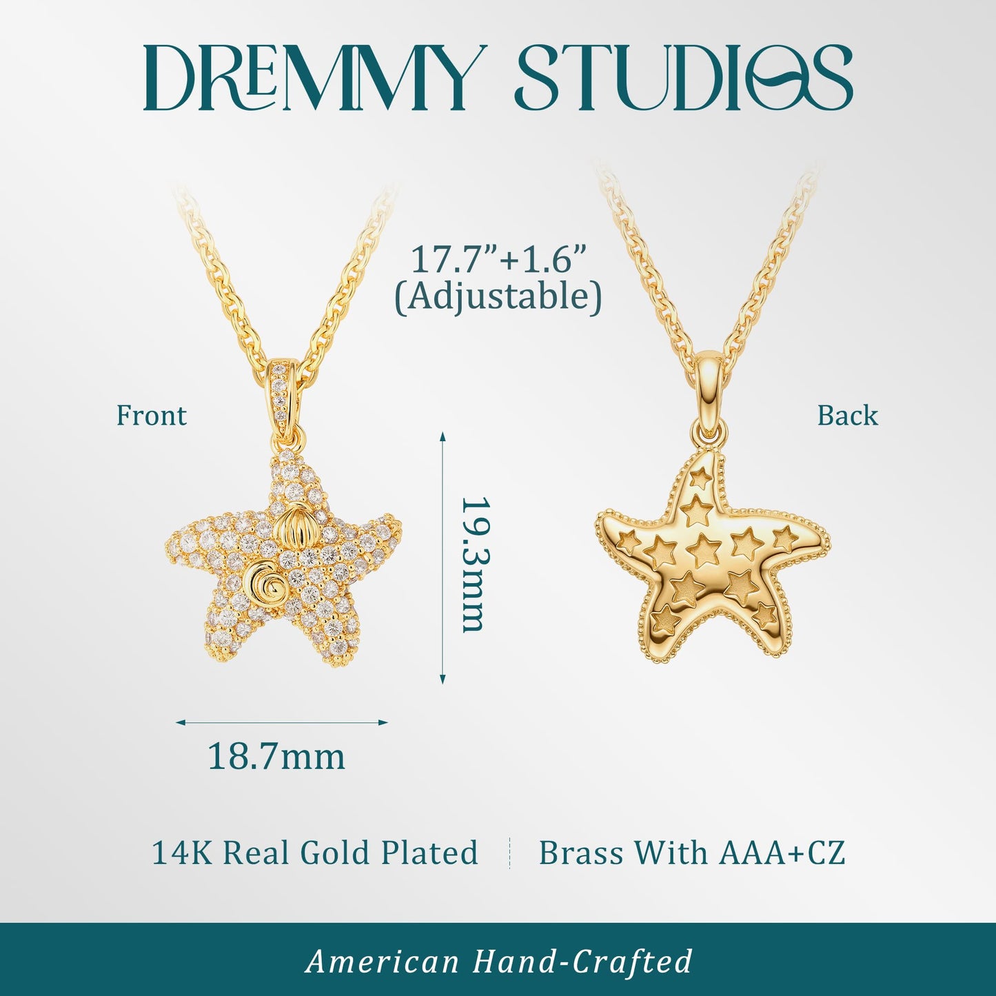 Dremmy Studios Dainty Necklace for Women 14K Gold Plated Cubic Zirconia Starfish Necklace Boho Summer Beach Coastal Pendnat Necklaces Summer Jewelry Gift