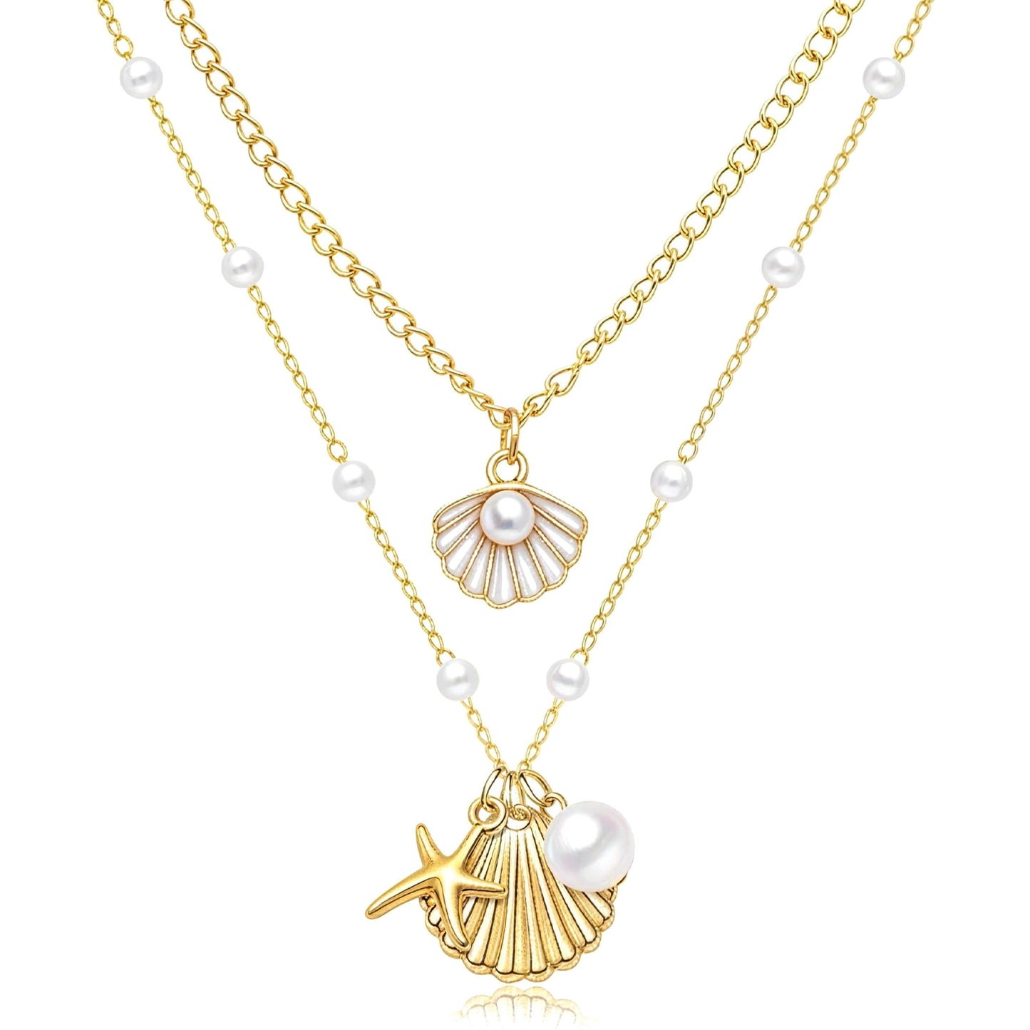 KummerSaprk Seashell Necklace Summer Vacation Jewelry for Women Gold Beachy Necklace Stack Starfish Flower Cowrie Sea Shell Pendant Necklaces Summer Essentials Accessories Gifts