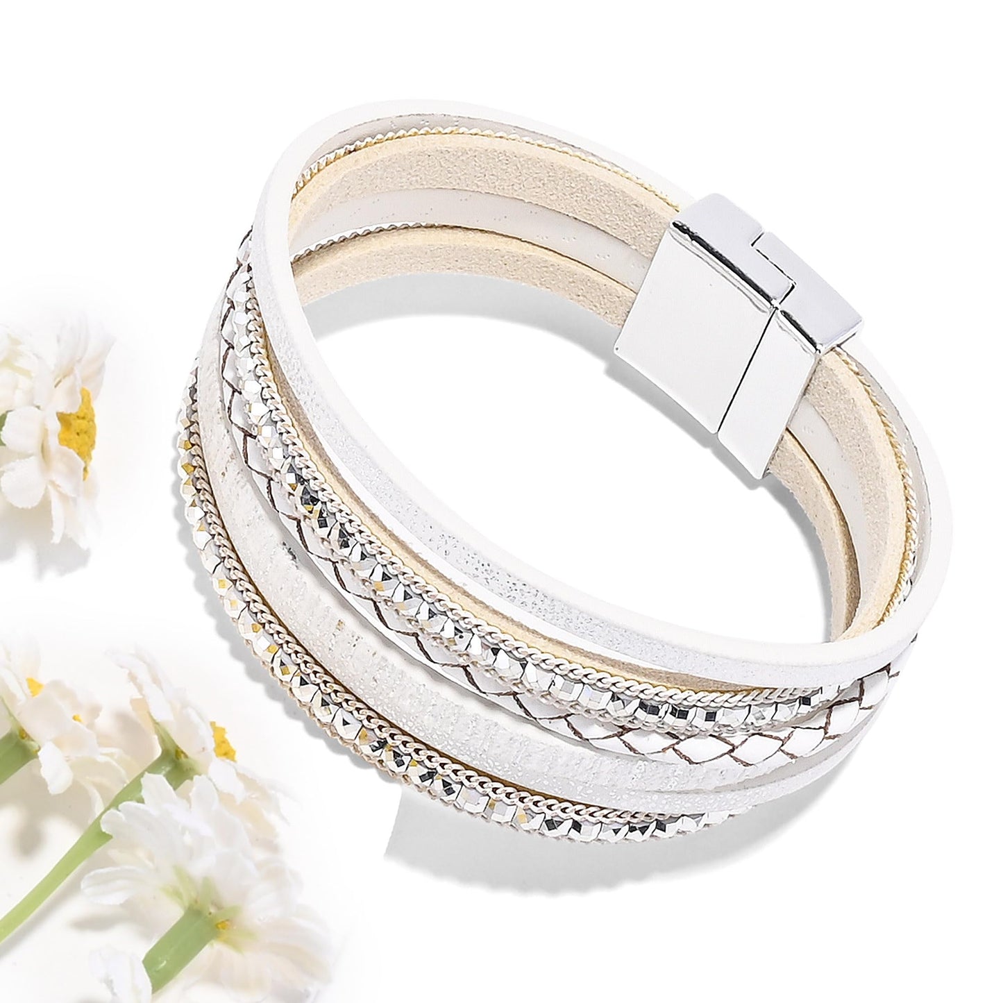 VIBILIA Boho Leather Wrap Bracelets for Women Trendy Layered Multi-Layer Bracelets with Strong Clasp Jewelry for Women-White
