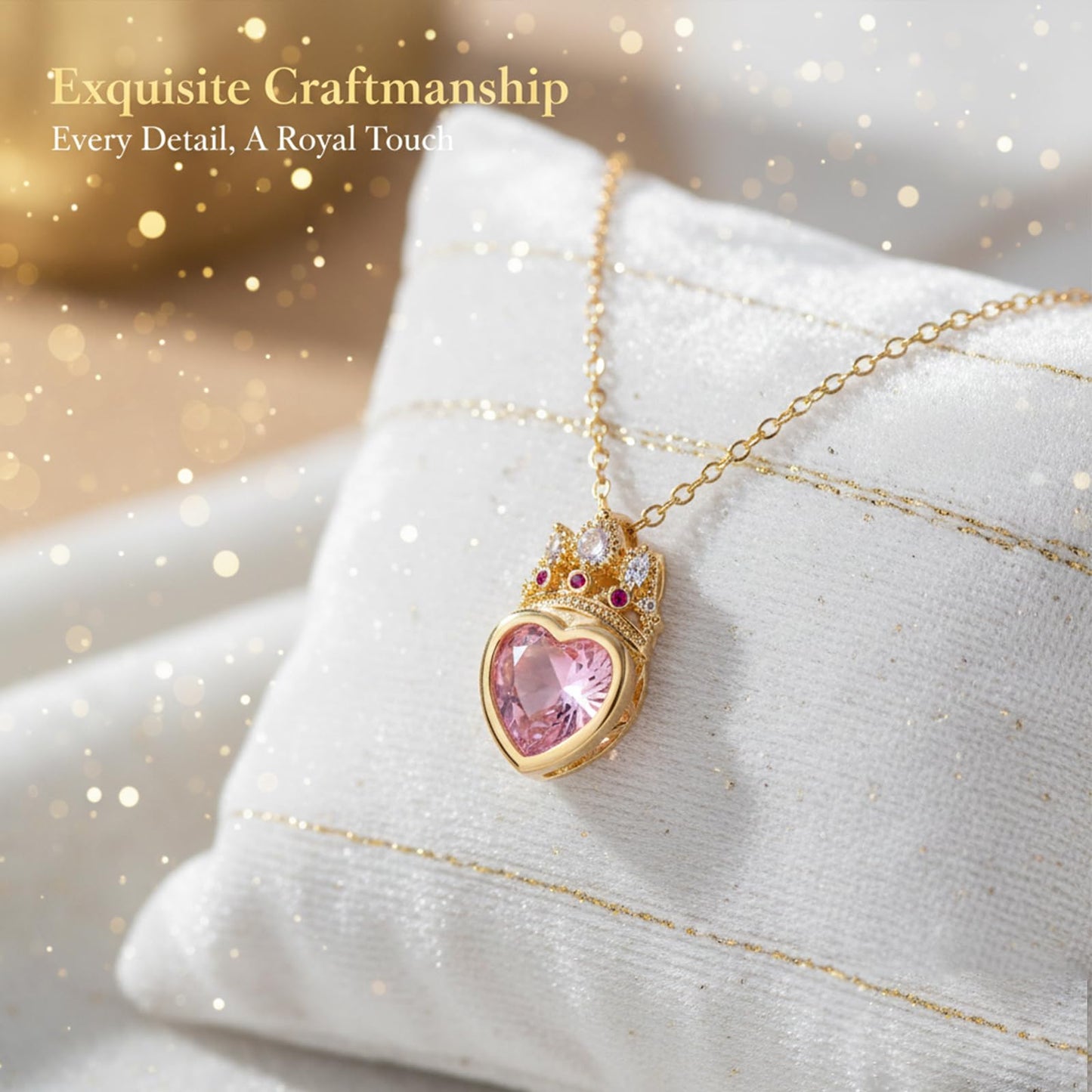 crataly Crown Heart Rose Quartz Necklace For Women-Gold Plated Pink CZ Princess Necklace For Valentines Day Mothers Day Christmas Birthday Gifts