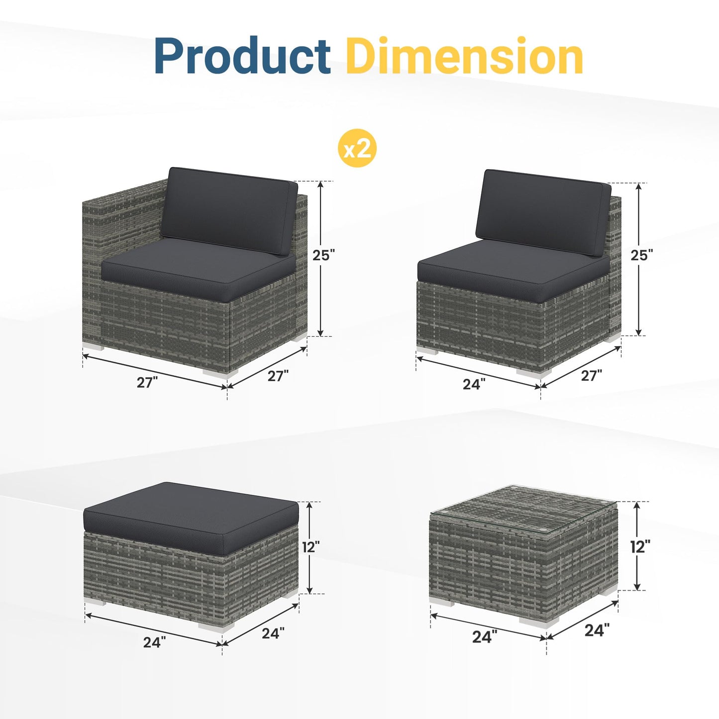 Wisteria Lane Outdoor Patio Furniture Set, All Weather Wicker Rattan Sectional Sofa, Patio Conversation Set with Cushions & Glass Coffee Table for Backyard Porch Garden Balcony, Grey