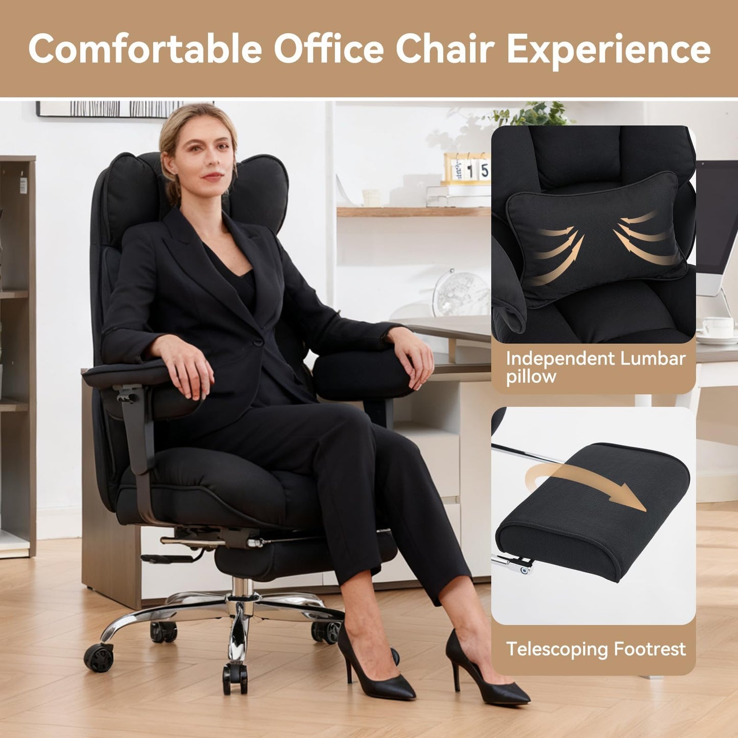 Efomao Big and Tall Office Chair with Footrest - Breathable Mesh Executive Chair, Heavy Duty Computer Desk Chair for Home Office, Ergonomic Lumbar Support & Reclining Mesh Gaming Chair, Black